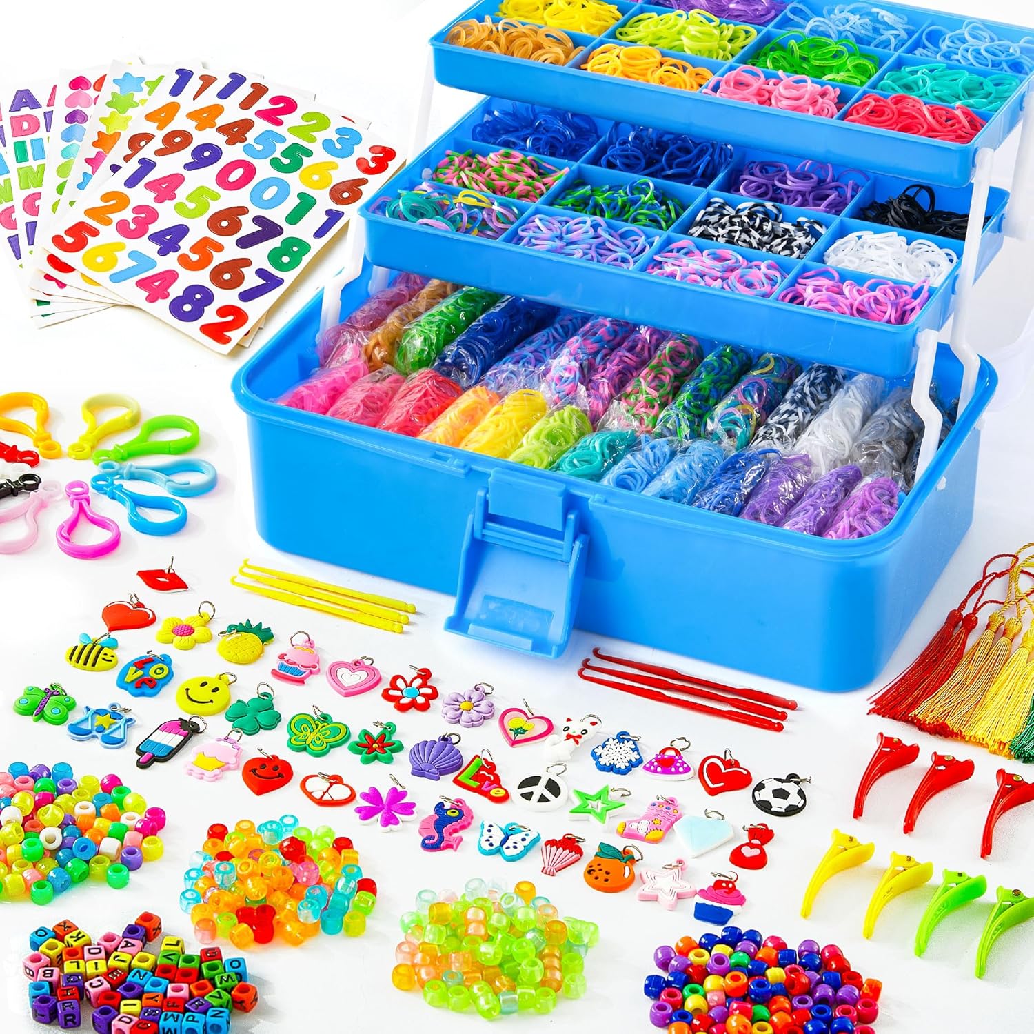 Más de 17500 bandas de goma con contenedor de 3 capas azul profundo, 28 colores, 600 clips en S, 352 cuentas, 40 colgantes de dibujos animados, kit