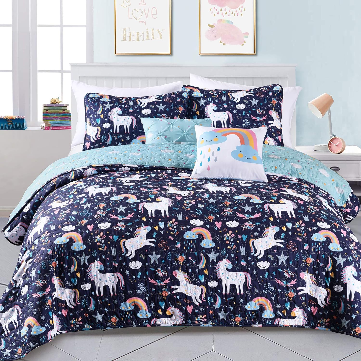 Lush Decor – Juego de 5 piezas de edredón de unicornio con corazón para niños, tamaño matrimonialqueen, azul marino, incluye edredón reversible, 2