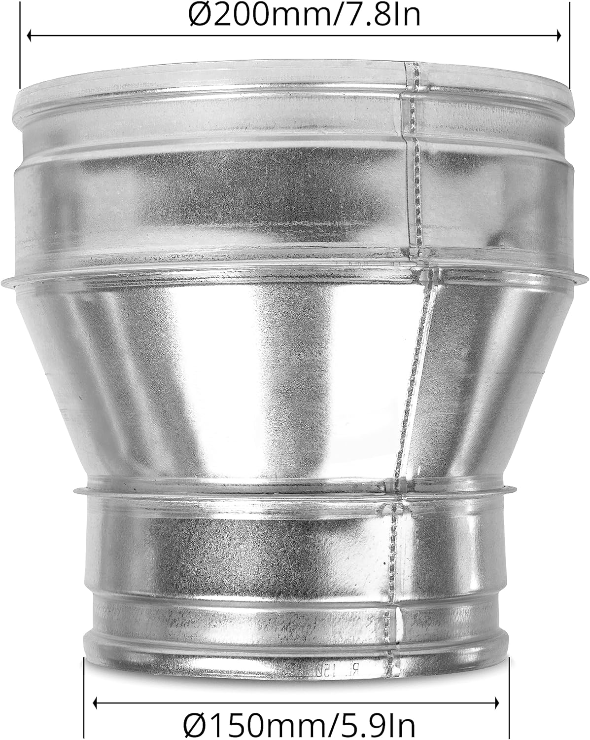 Reductor de conductos de ventilación de 8 a 6 pulgadas – Conector redondo de acero galvanizado – Montaje de conducto – Acoplamiento de aumento del