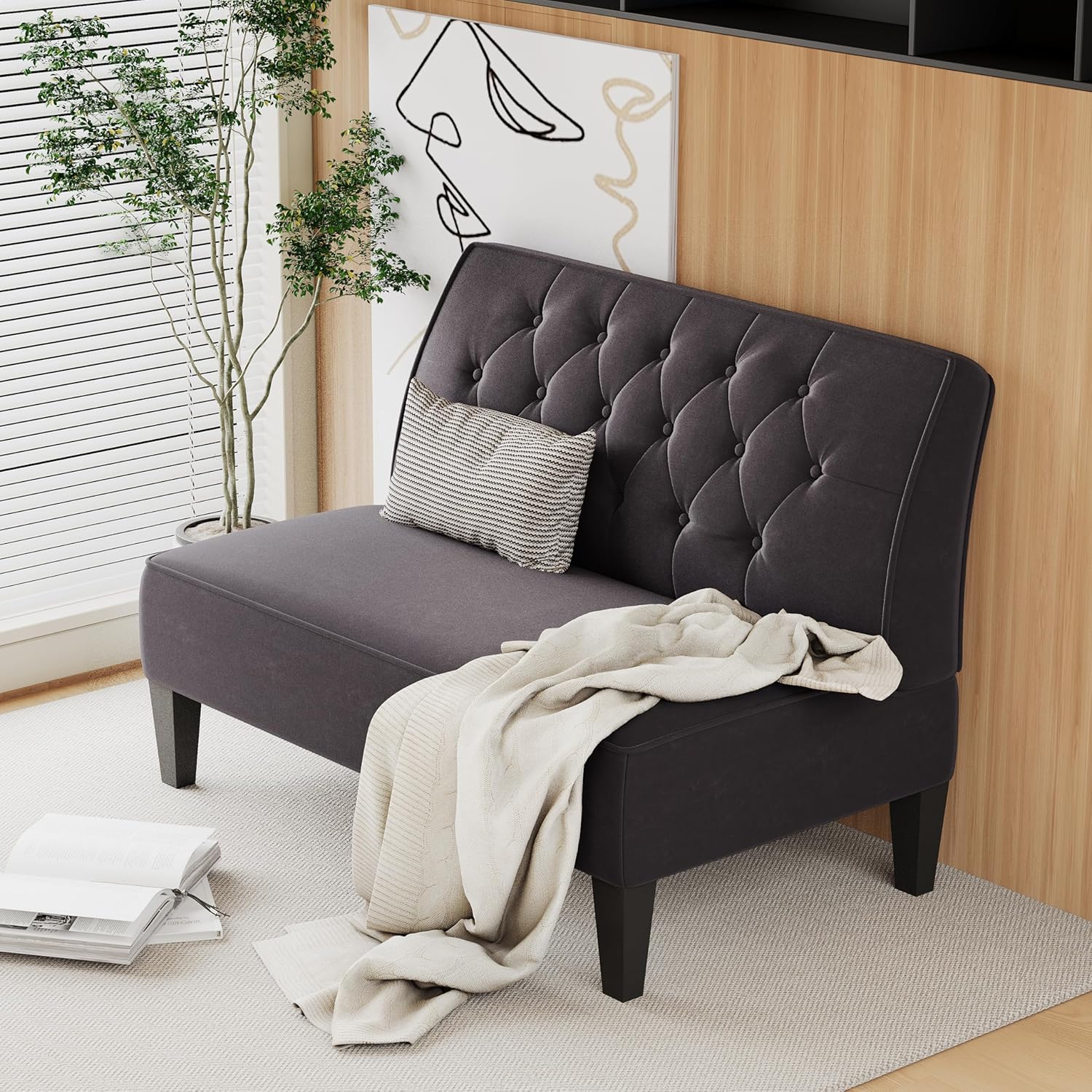 Alunaune Sofá biplaza tapizado para sala de estar, banco de dormitorio sin brazos, sofá pequeño con asiento de dos plazas, sofá copetudo con