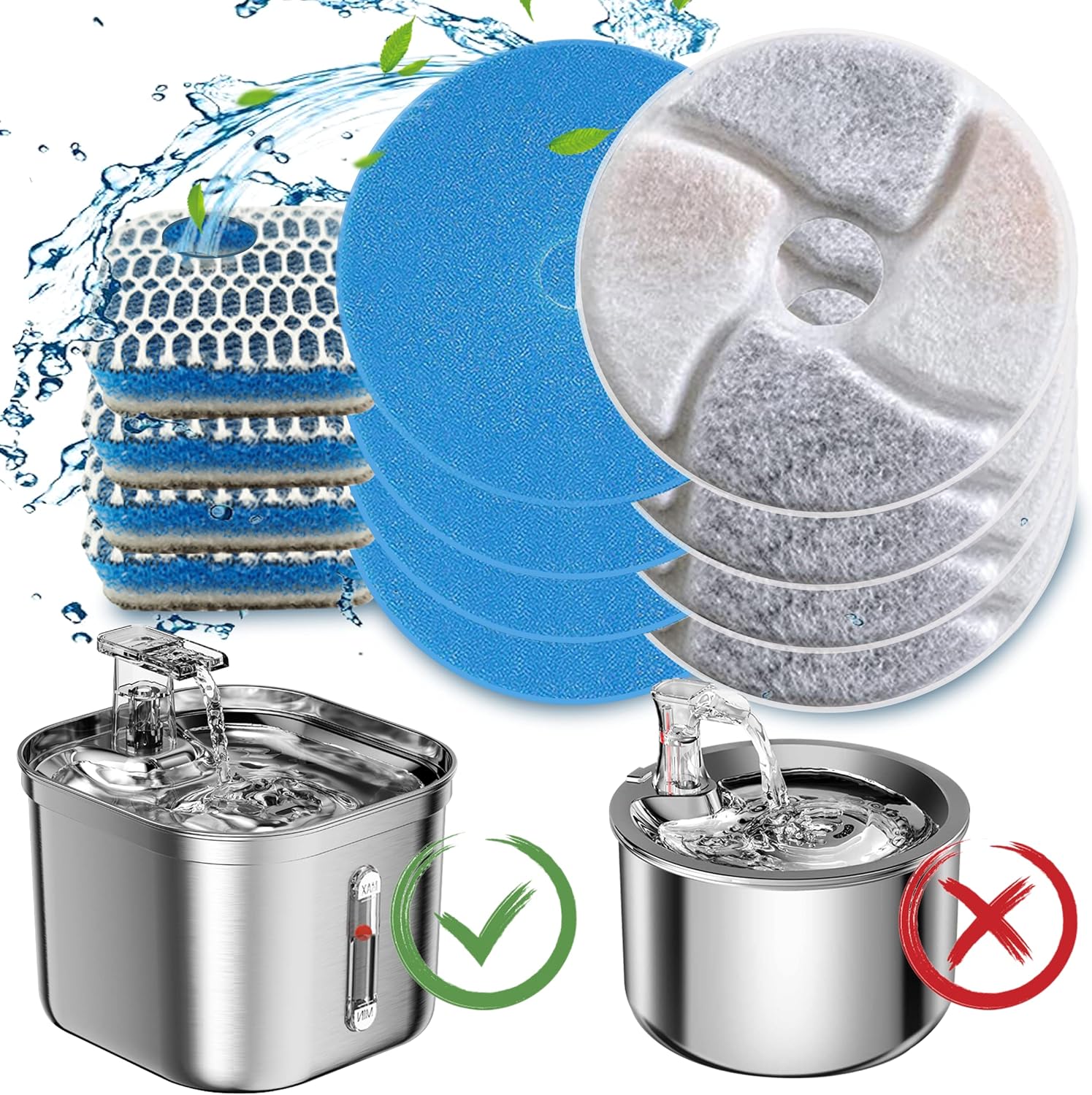 Filtros cuadrados de acero inoxidable para fuente de agua para gatos, paquete de 6 filtros de repuesto para fuente de gato, 3 sistemas de filtración