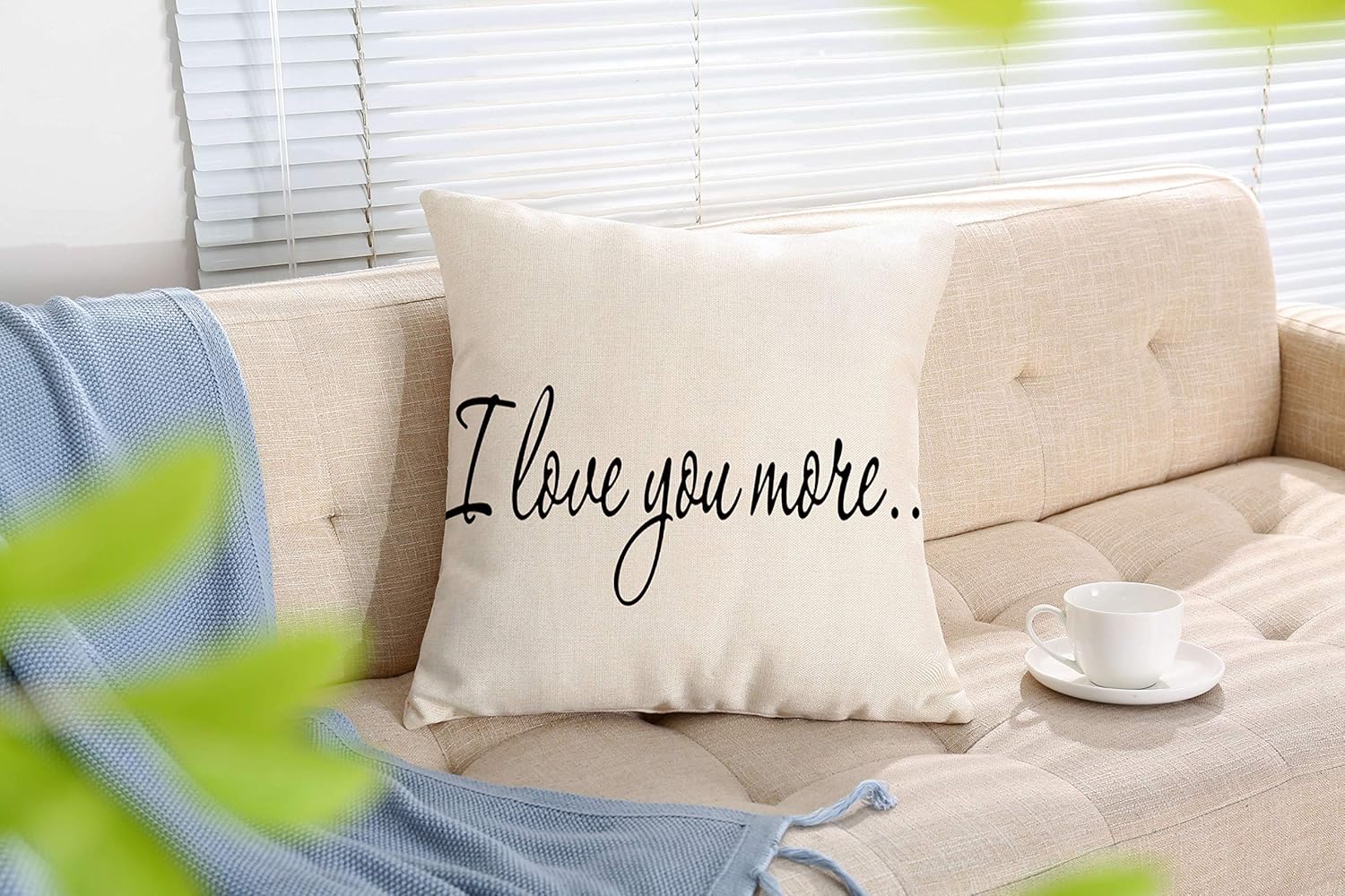 Ogiselestyle I Love You More – Funda de almohada de lino y algodón para el hogar, funda de cojín decorativa para sofá, 18 x 18 pulgadas