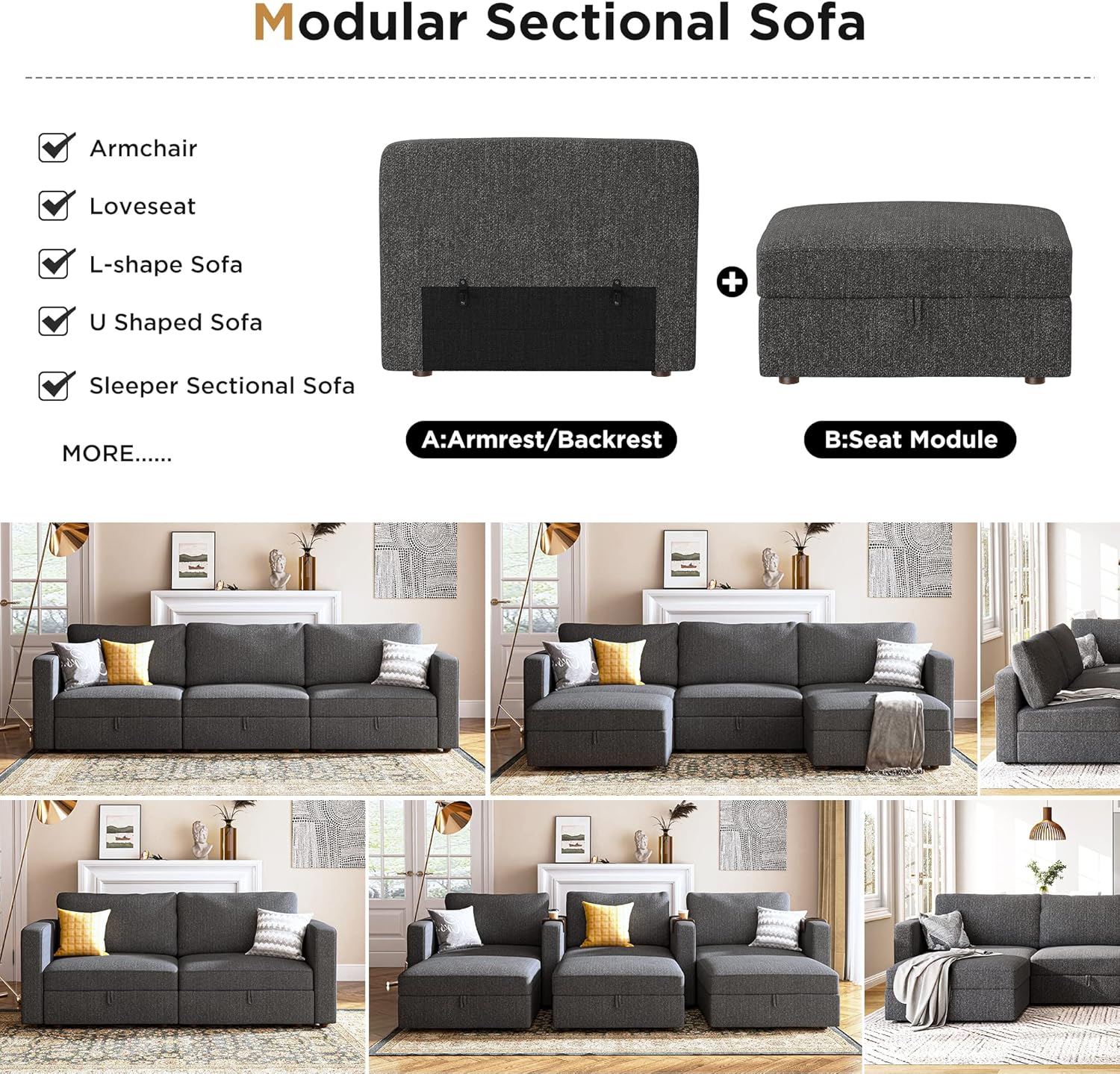 HONBAY Módulo de respaldo de reposabrazos para sofá modular de gran tamaño, marco traseroreposabrazos izquierdo o derecho, gris oscuro
