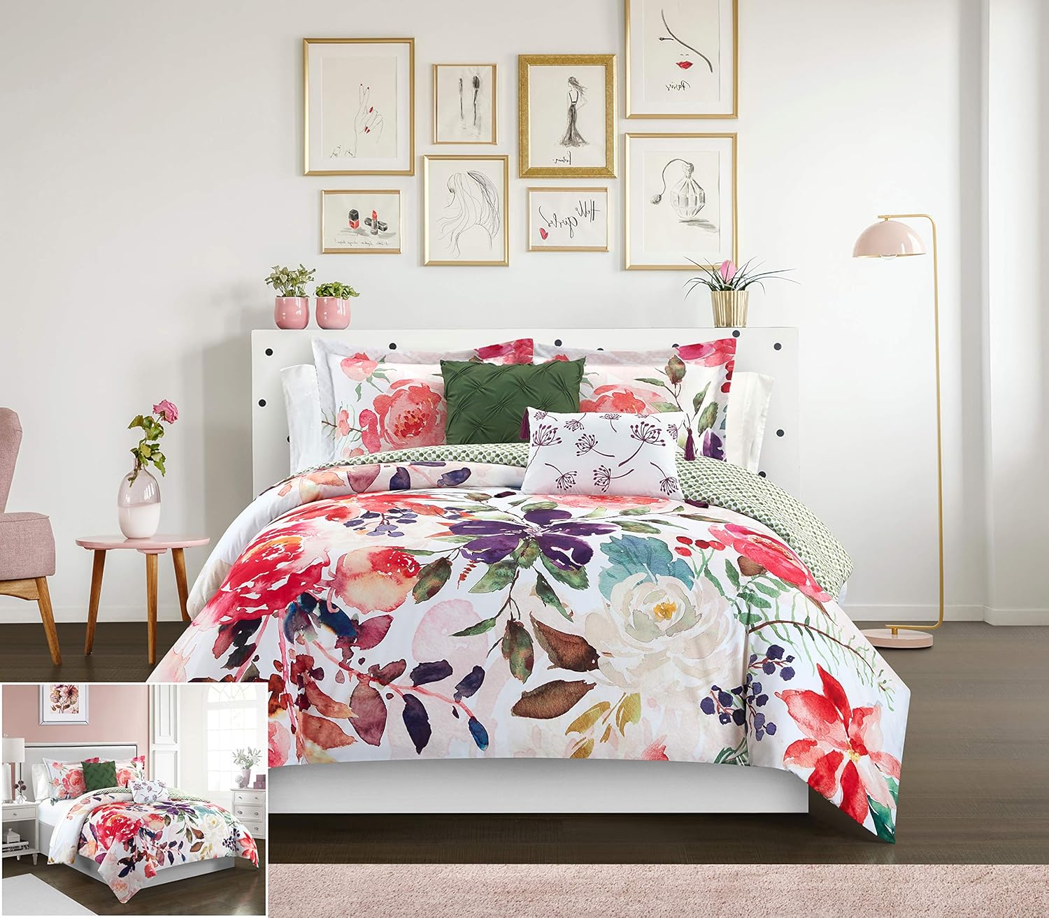 Chic Home Philia – Juego de edredón reversible de 4 piezas, diseño floral de acuarela, funda de almohada decorativa incluida, individual, multicolor