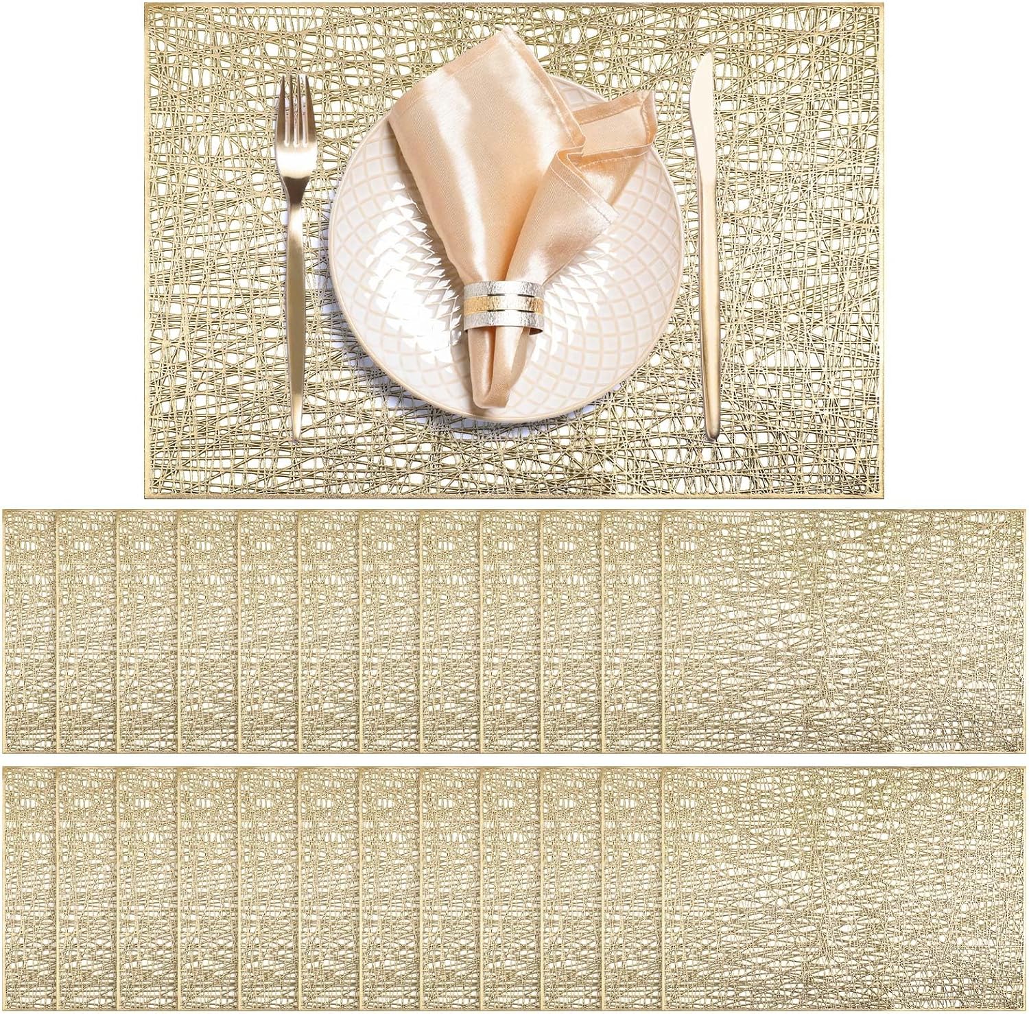 Zhehao 24 manteles individuales rectangulares de vinilo dorados a granel de plástico metálico dorado de 17.7 x 11.8 pulgadas, antideslizantes,