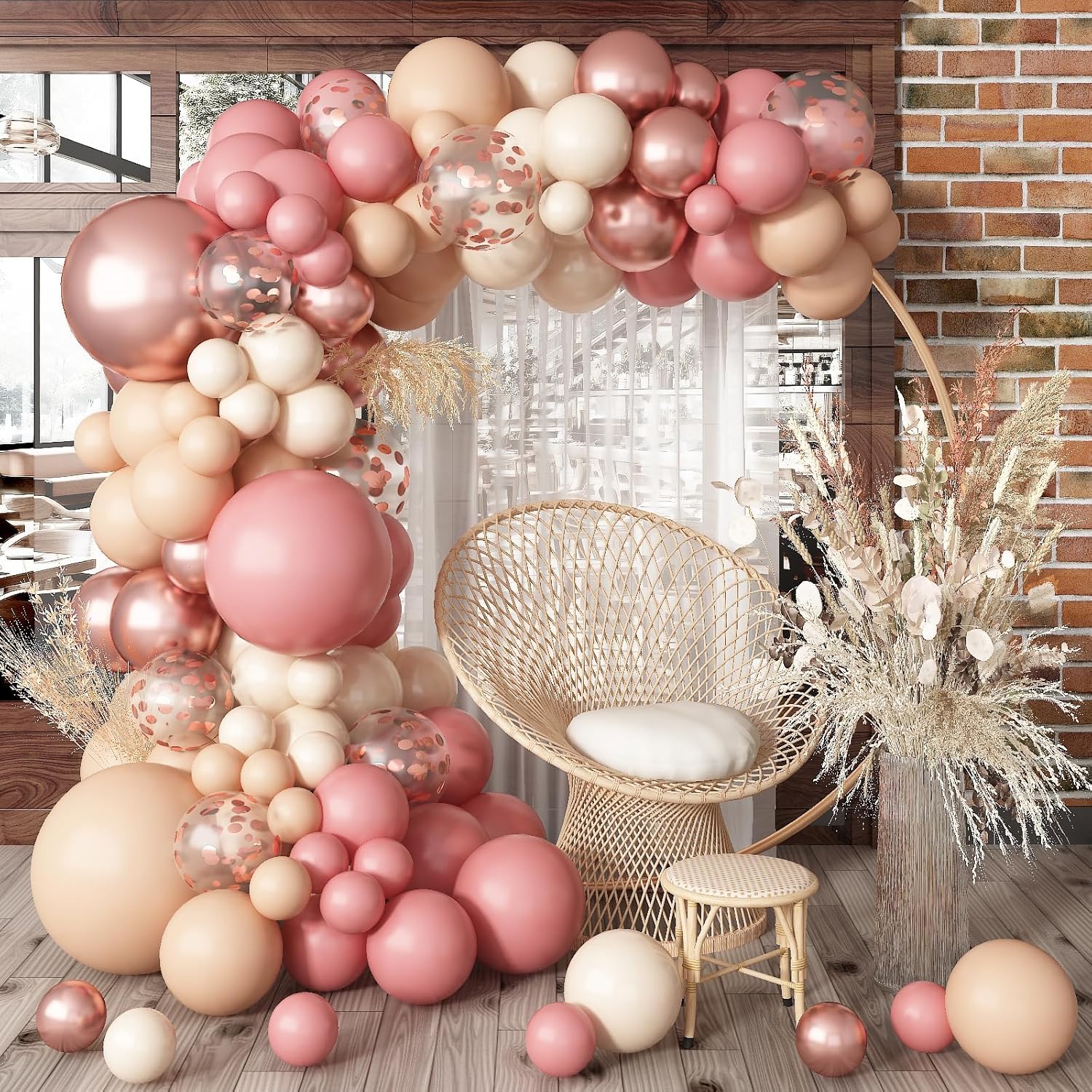 Kit de guirnalda de globos bohemios, color rosa y beige, 108 paquetes de globos color rosa polvoriento, color crema y globos metálicos de confeti de