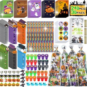 Paquete de 30 artículos de papelería de fiesta de Halloween para el aula de niños, más de 240 piezas de bolsas de golosinas de Halloween a granel Paquete de 30 artículos de papelería de fiesta de Halloween para el aula de niños, más de 240 piezas de bolsas de golosinas de Halloween a granel