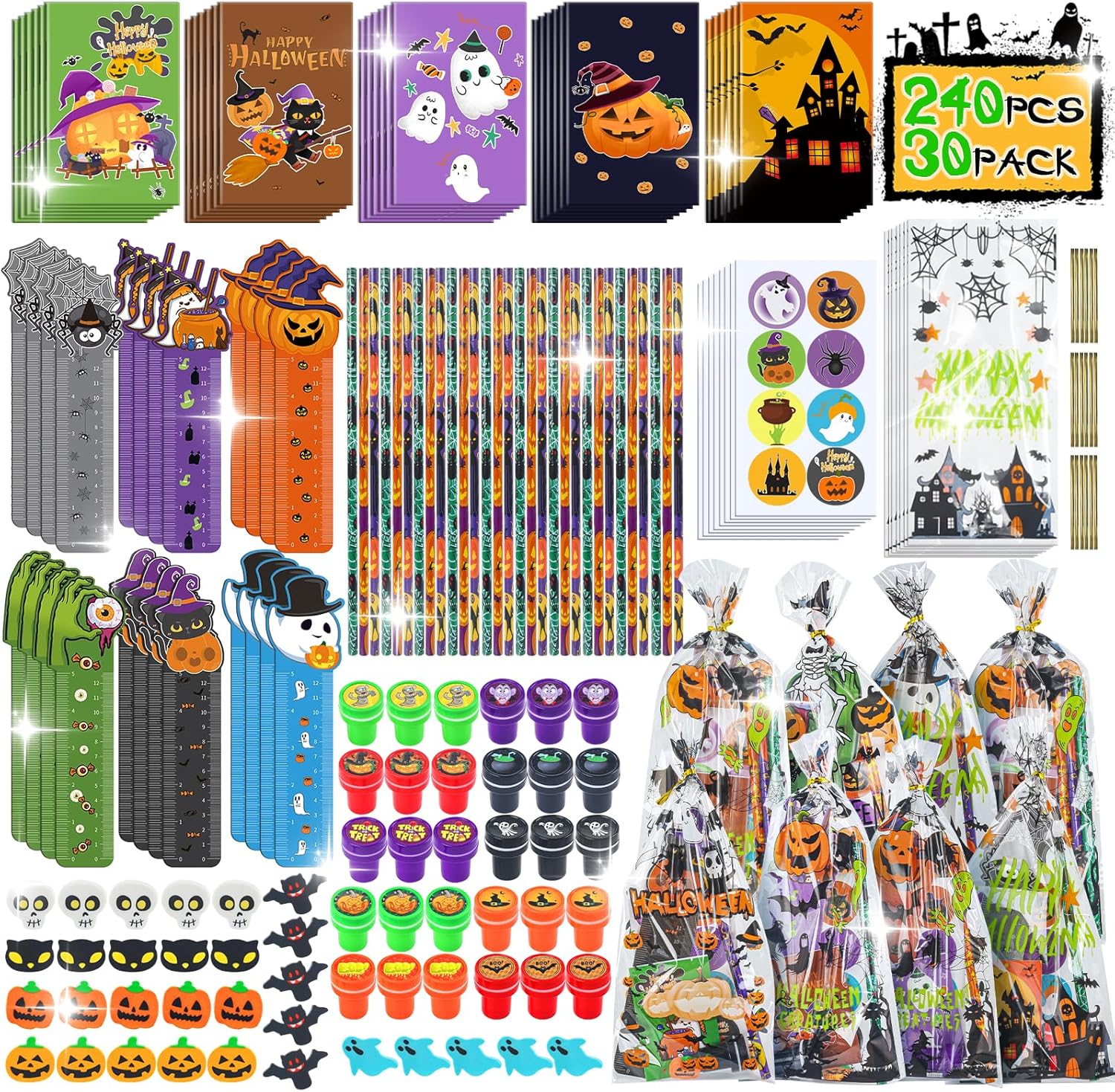 Paquete de 30 artículos de papelería de fiesta de Halloween para el aula de niños, más de 240 piezas de bolsas de golosinas de Halloween a granel