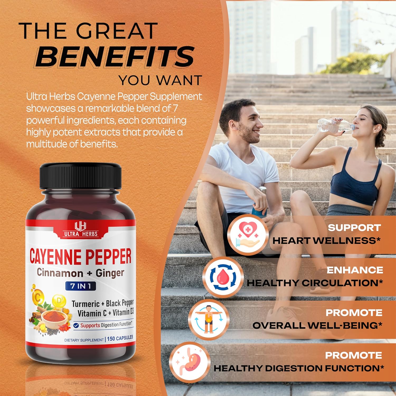 Pimienta de Cayena 7 en 1 – 16,250 mg – con jengibre, cúrcuma, canela, pimienta negra – Promueve la función del sistema digestivo (suministro de 150
