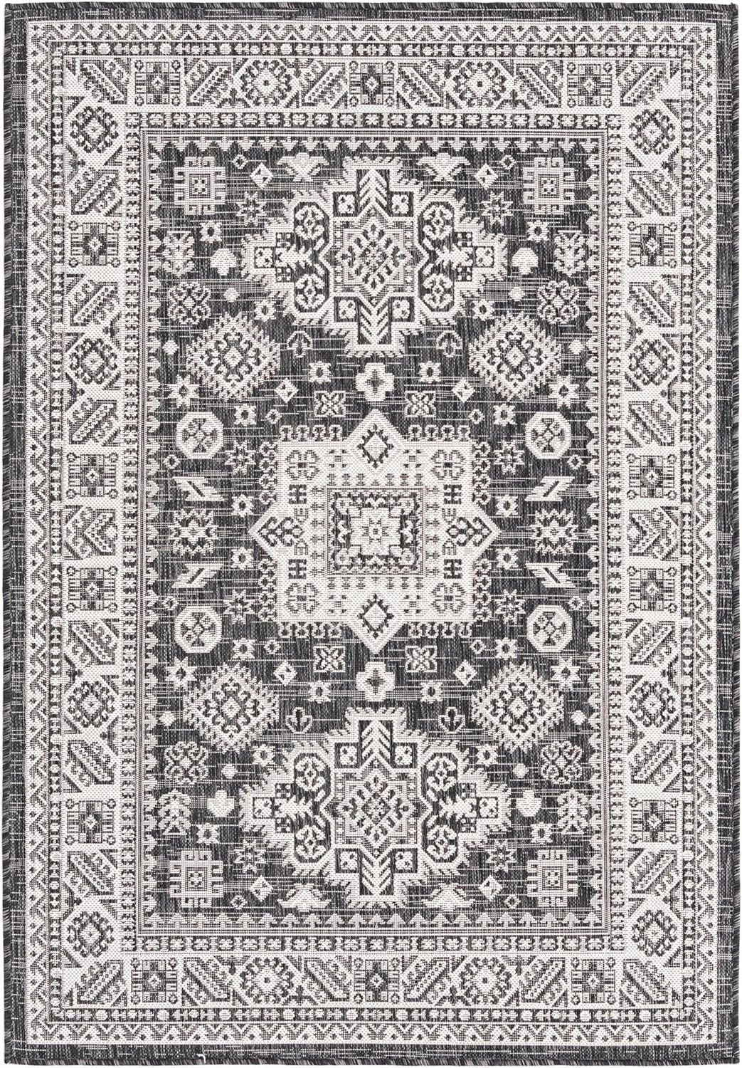 Rugs.com Outdoor Aztec Collection Alfombra  4 x 6 pies alfombra de tejido plano gris carbón perfecta para salas de estar, grandes comedores, planos