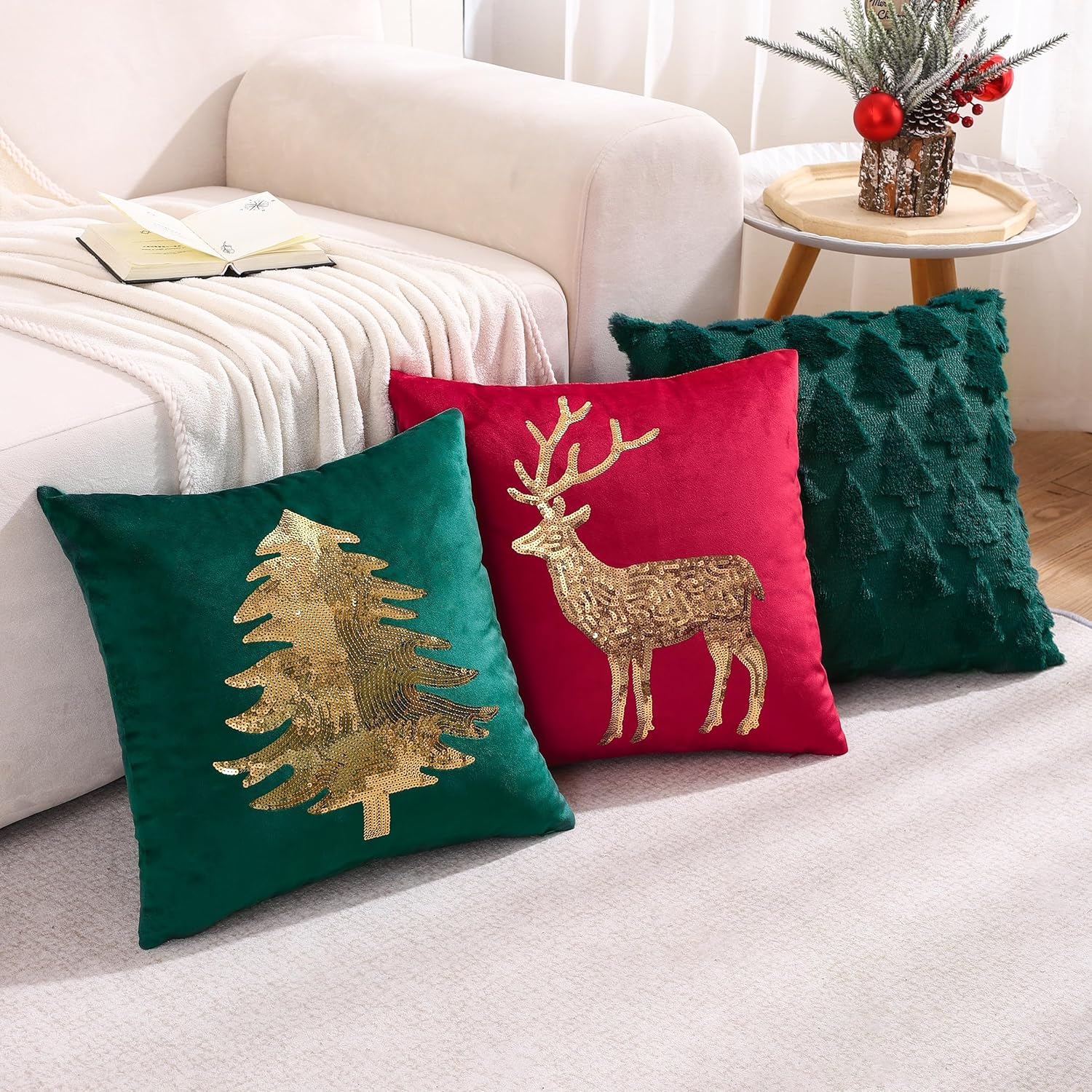 Fundas de almohada de Navidad de 18 x 18 pulgadas, juego de 2 fundas de almohada verde oscuro con lentejuelas para árbol de Navidad, decoración de