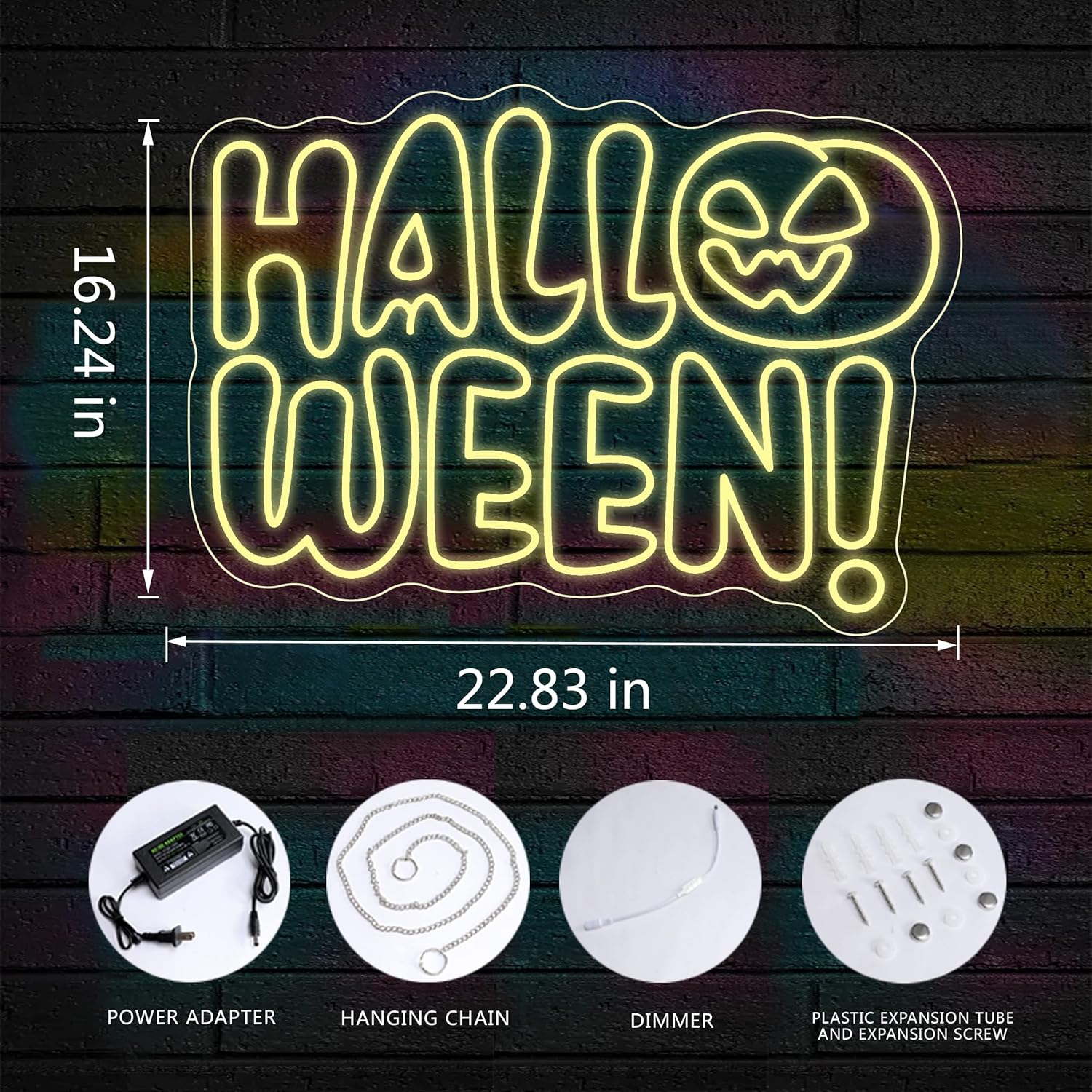 Decoraciones de Halloween para exteriores e interiores, letreros de neón de Halloween, calabaza, luz de neón grande regulable de 23 x 17 pulgadas,