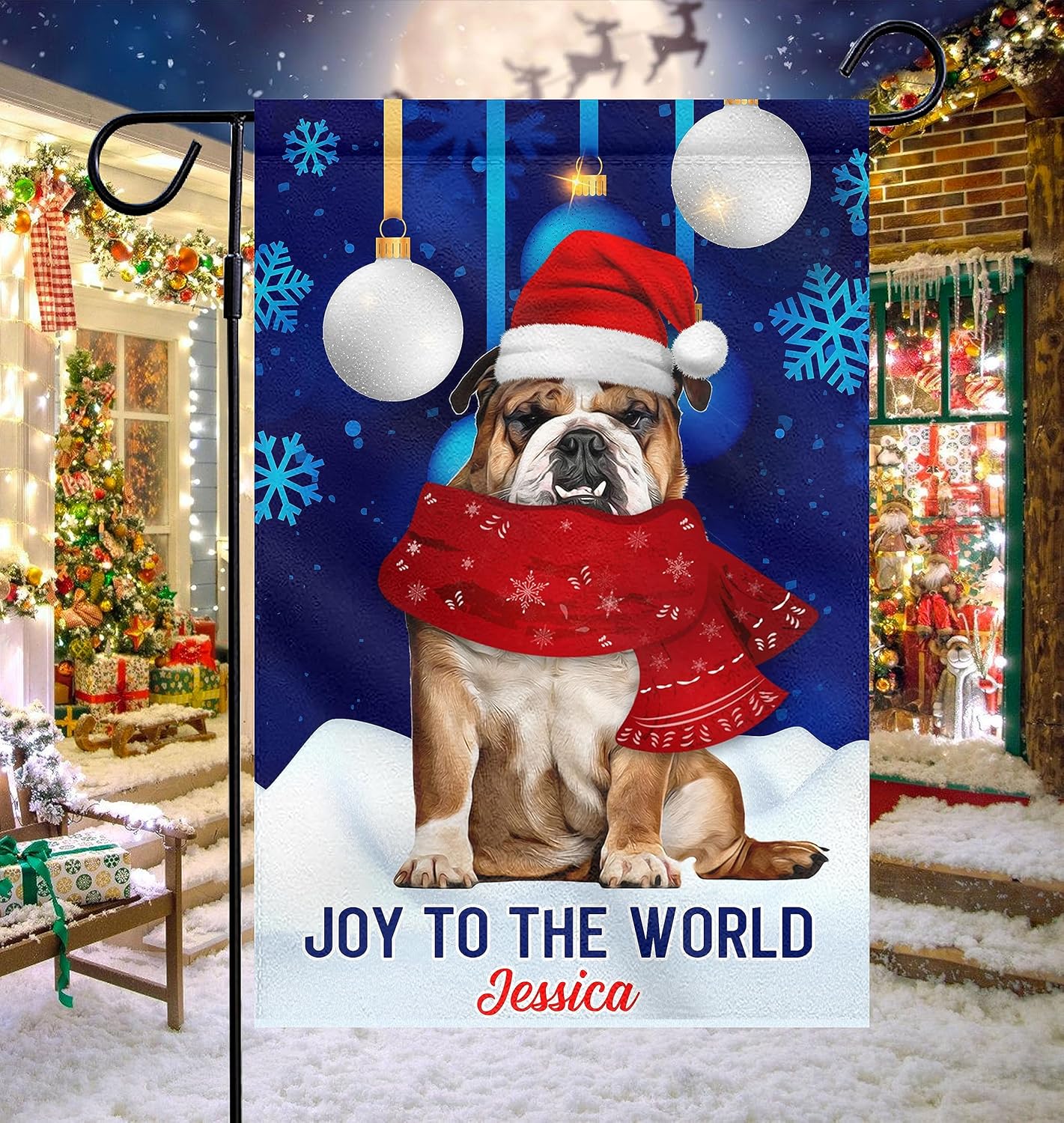 Bandera de jardín de perro de Navidad con nombre personalizado, regalos de bulldog inglés para decoración de Feliz Navidad, bandera de bienvenida