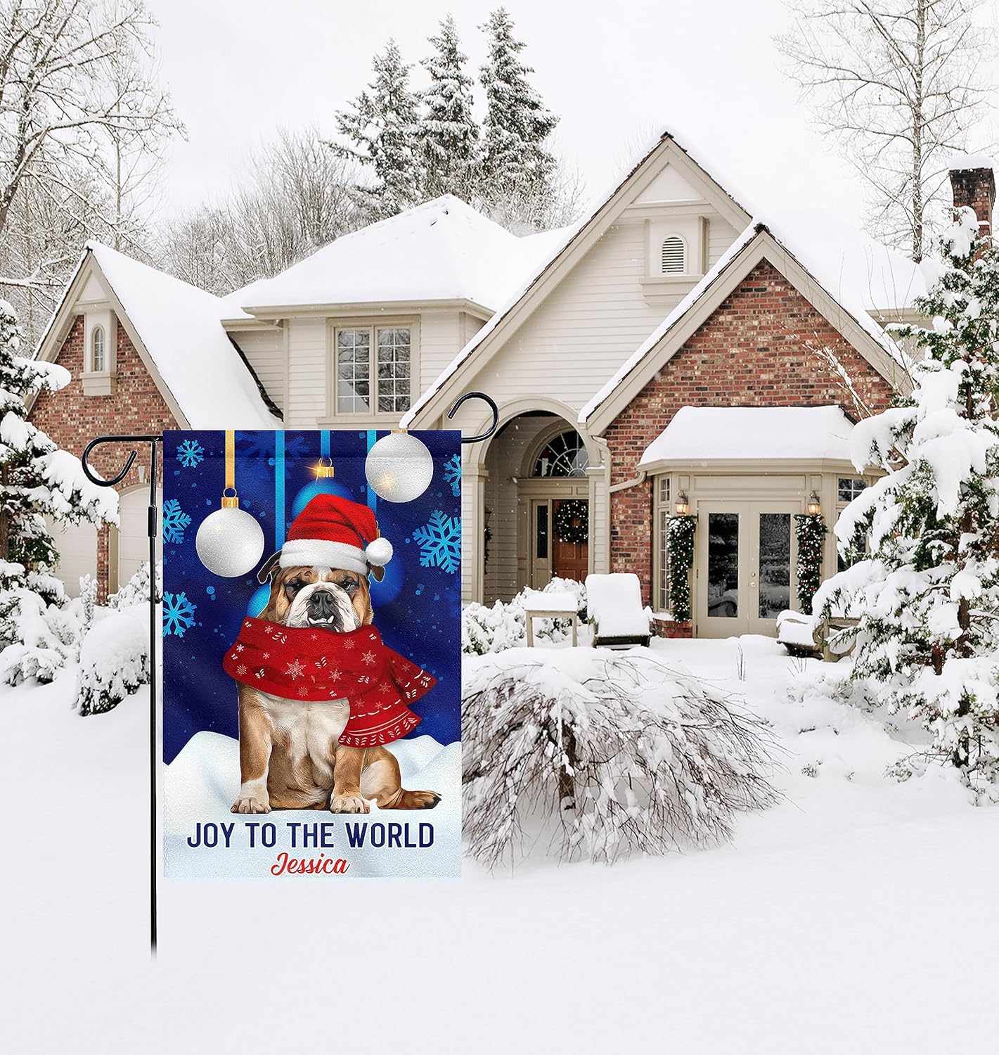 Bandera de jardín de perro de Navidad con nombre personalizado, regalos de bulldog inglés para decoración de Feliz Navidad, bandera de bienvenida