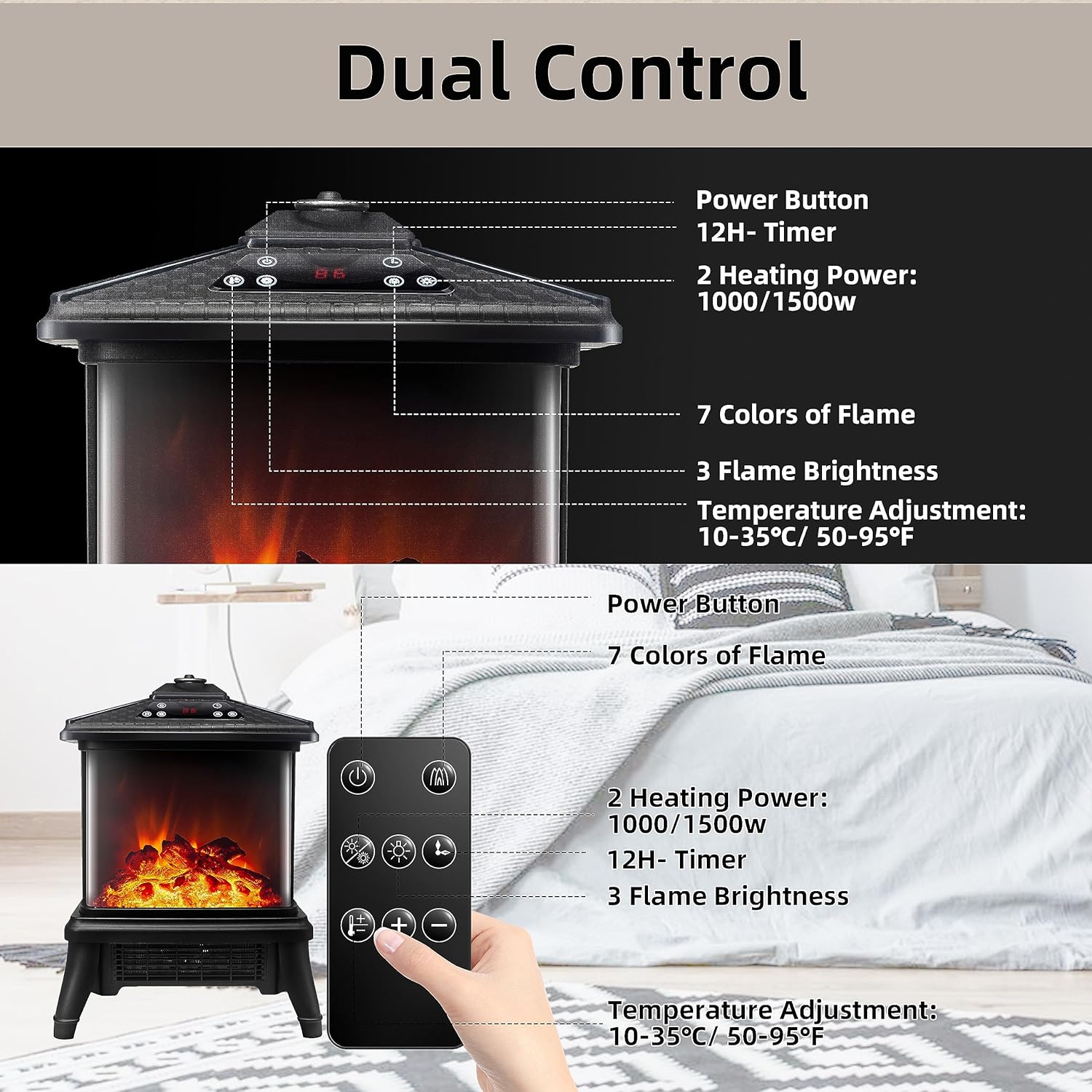 TOONLUPAL Calentador eléctrico de chimenea con control remoto de 1500 W, calentador de estufa independiente portátil, efecto de llama realista, 7