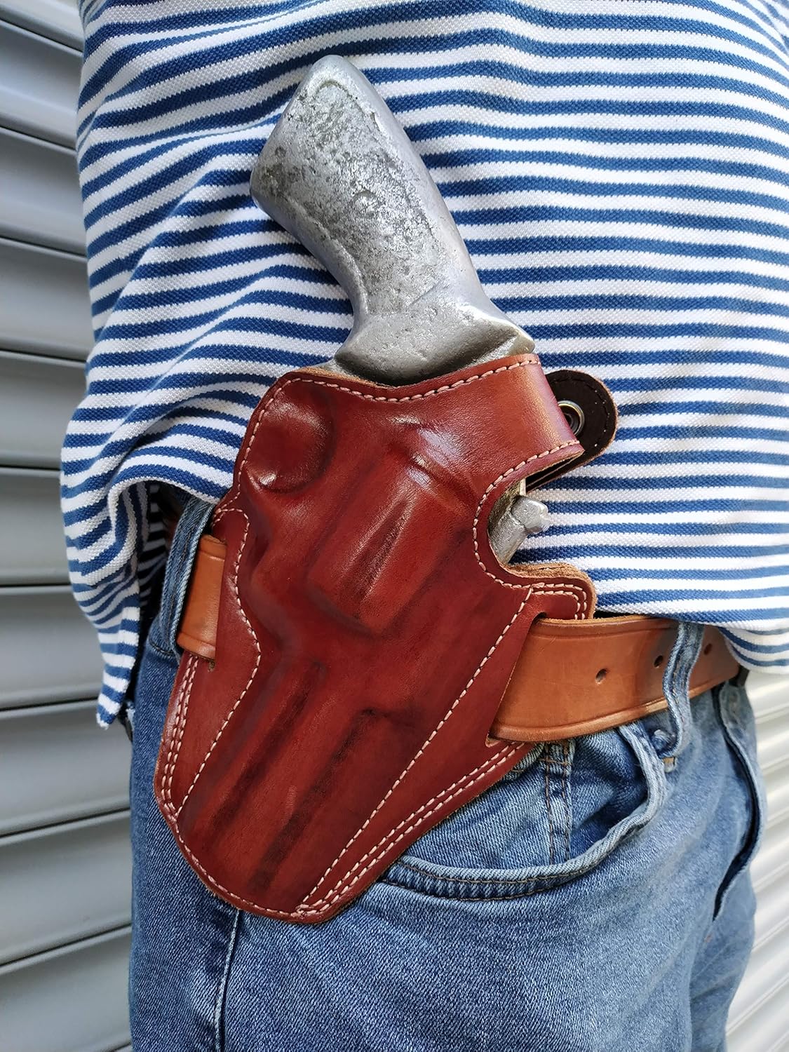 Cal38 Funda de cuero hecha a mano para Smith and Wesson modelo 686 357 Magnum 4 pulgadas, barril negro bronceado mano derecha
