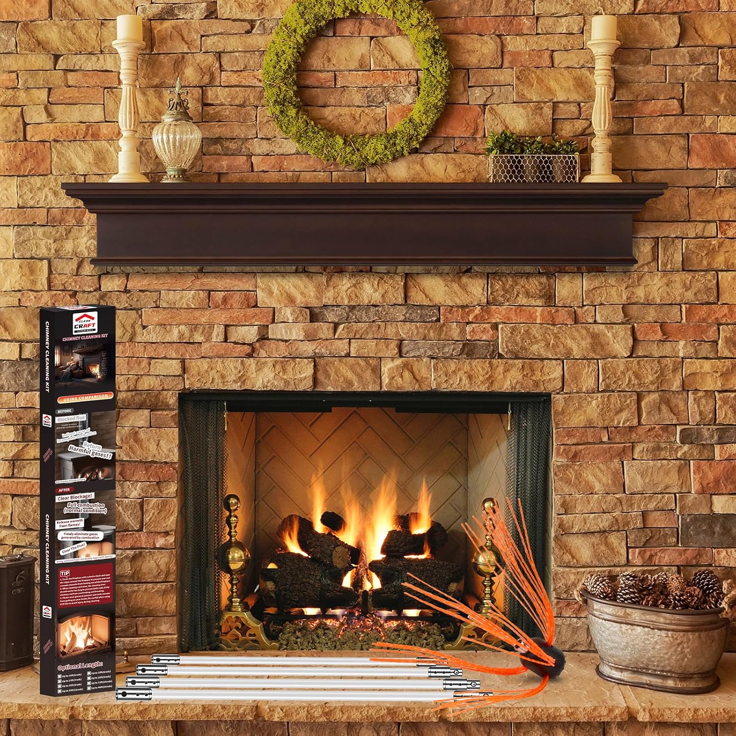 Kit de limpieza de chimenea de 39 pies, limpiador ergonómico de chimenea, sistema de limpieza de chimenea giratorio impulsado por taladro, cepillo
