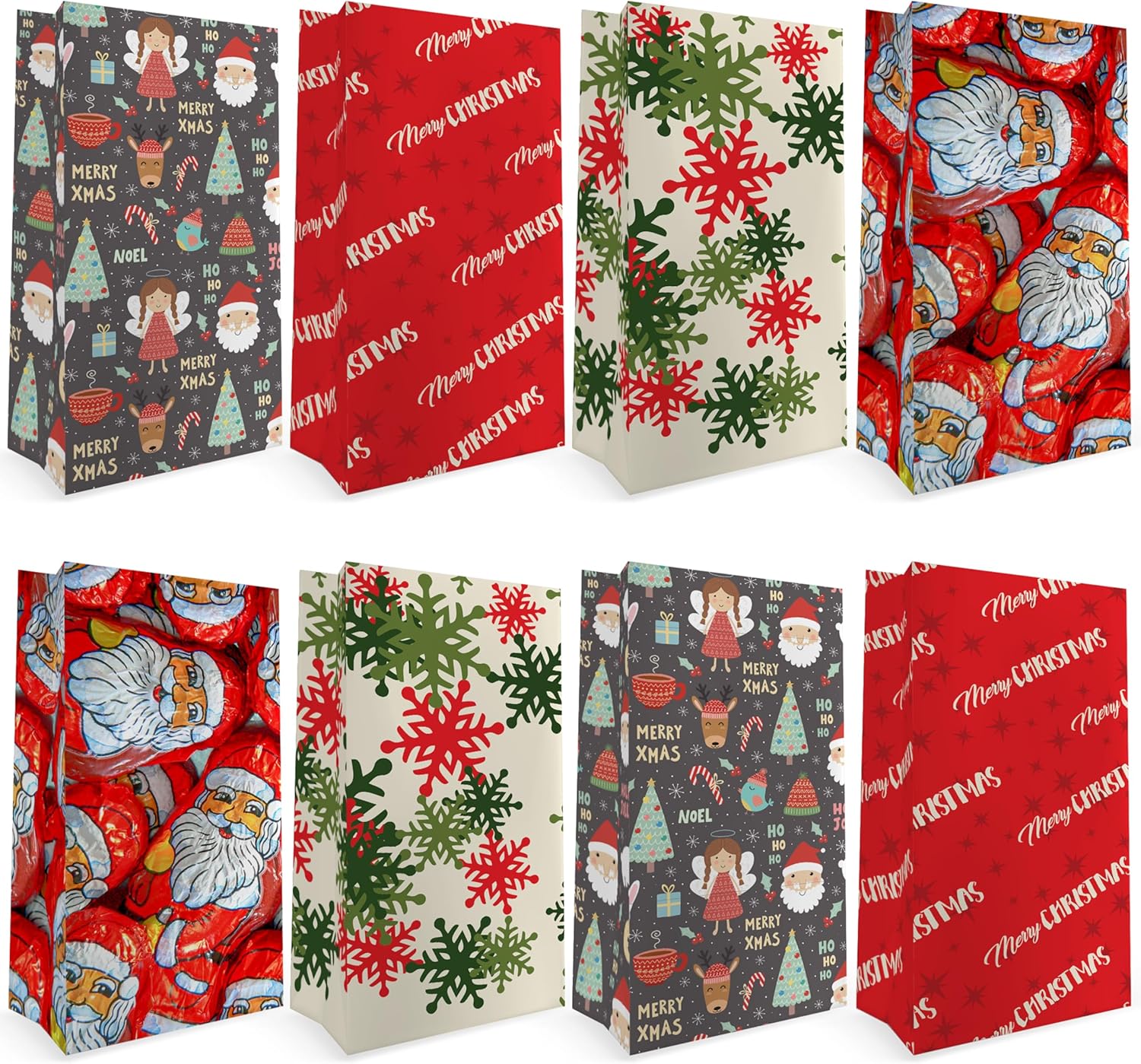 Bolsas de regalo de Navidad, 160 bolsas de papel de Navidad, 4 diseños, 160 calcomanías de Navidad, bolsa de regalos de Navidad, suministros de