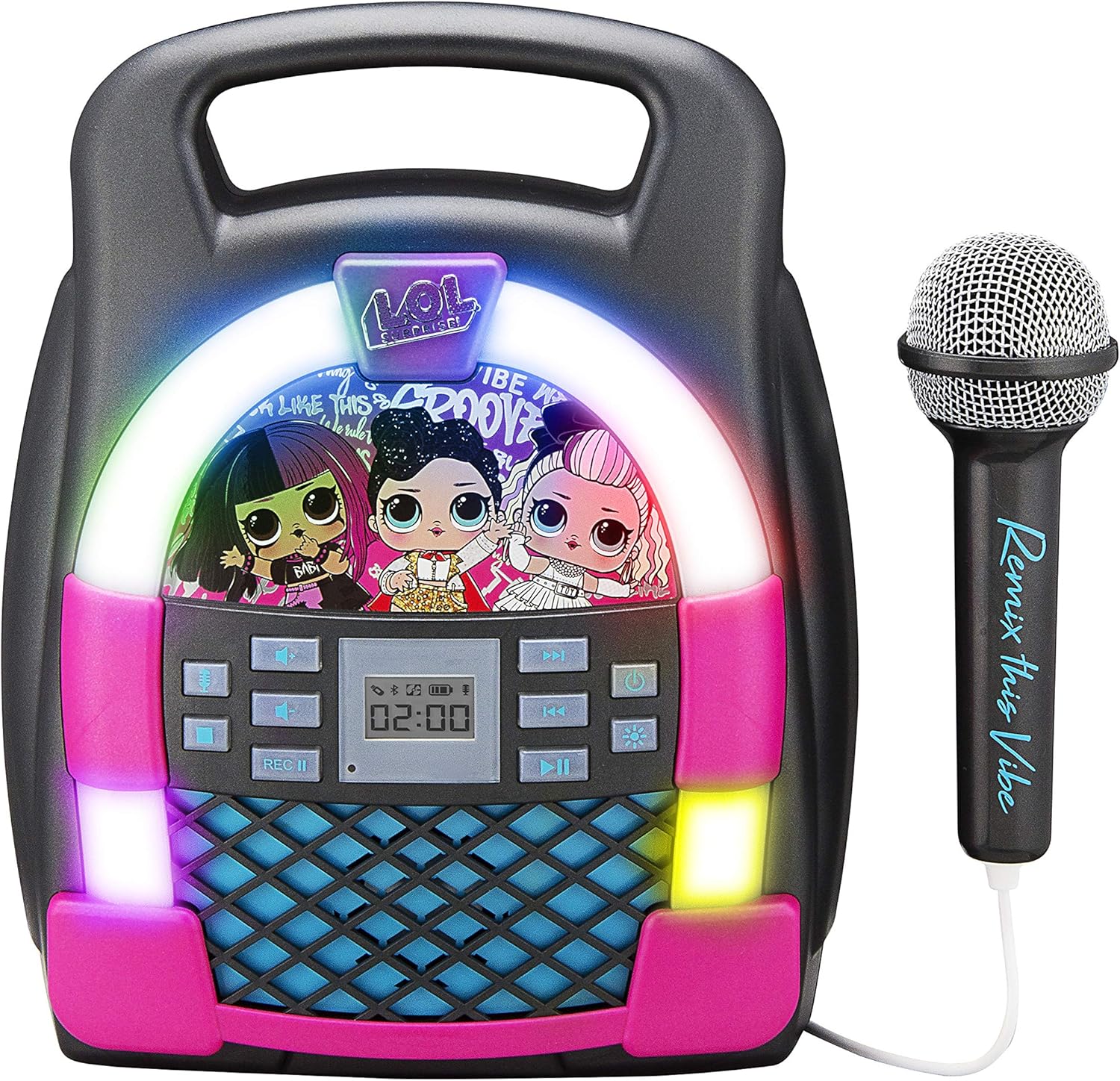 Remix OMG Máquina de karaoke Bluetooth Reproductor de MP3 portátil con espectáculo de luces LED de discoteca, almacena horas de música con memoria