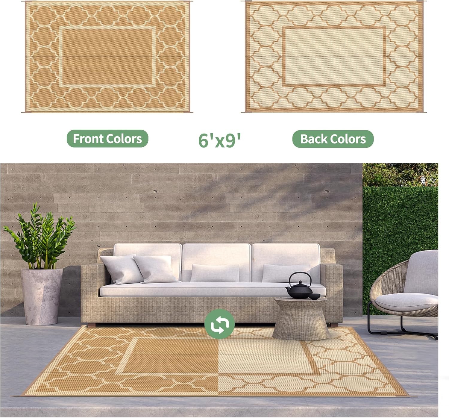 GENIMO Alfombra de exterior impermeable de 6 x 9 pies para decoración de patio, plegable, reversible, de plástico, para cámper, caravana, terraza,
