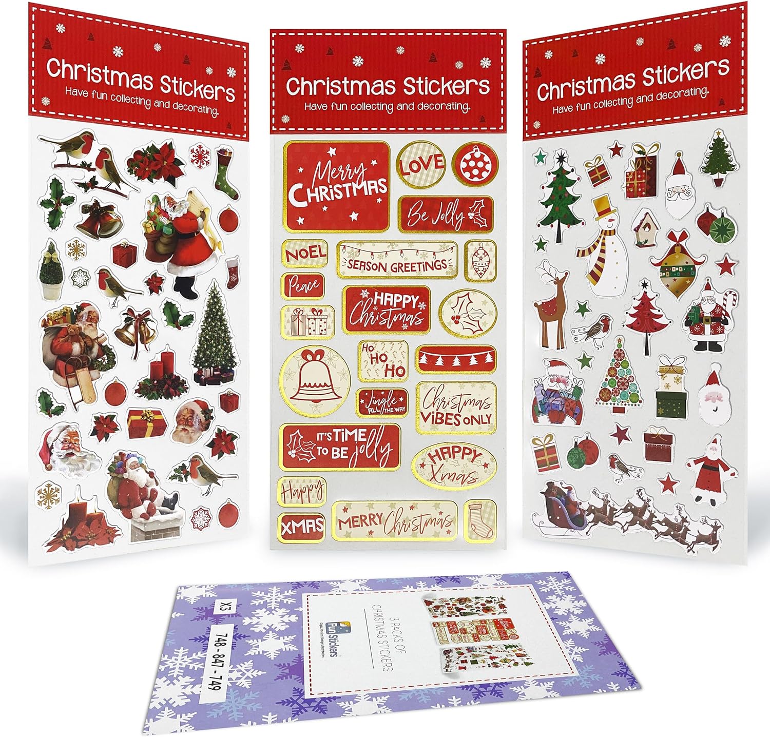Paquete de 3 hojas de calcomanías para decoración de Navidad, autoadhesivas, álbumes de recortes, regalo, regalo, relleno de bolsas de fiesta,