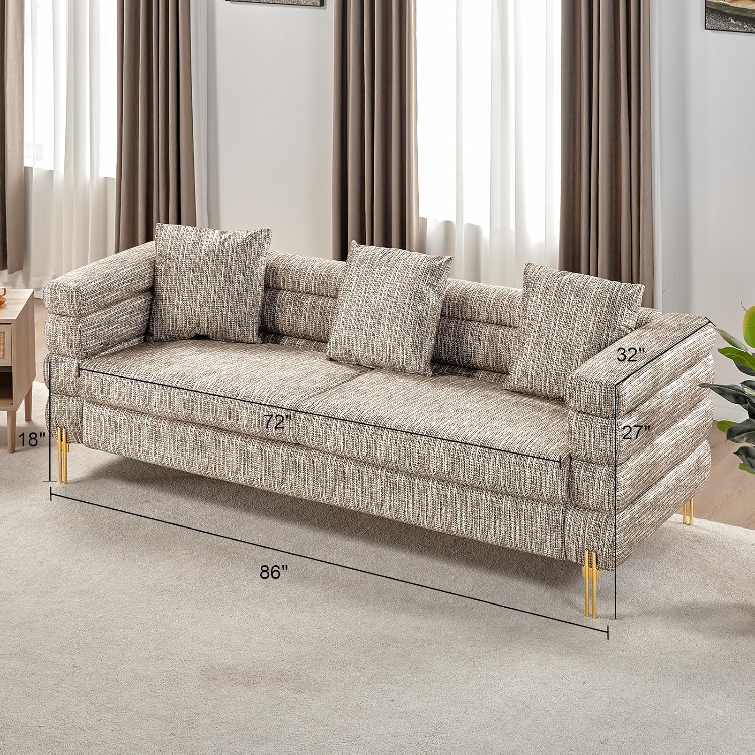 Sofá moderno, sofá modular de 24 pulgadas con asiento extra profundo para sala de estar, sofá de gran tamaño de 85 pulgadas, sofá de 3 asientos,