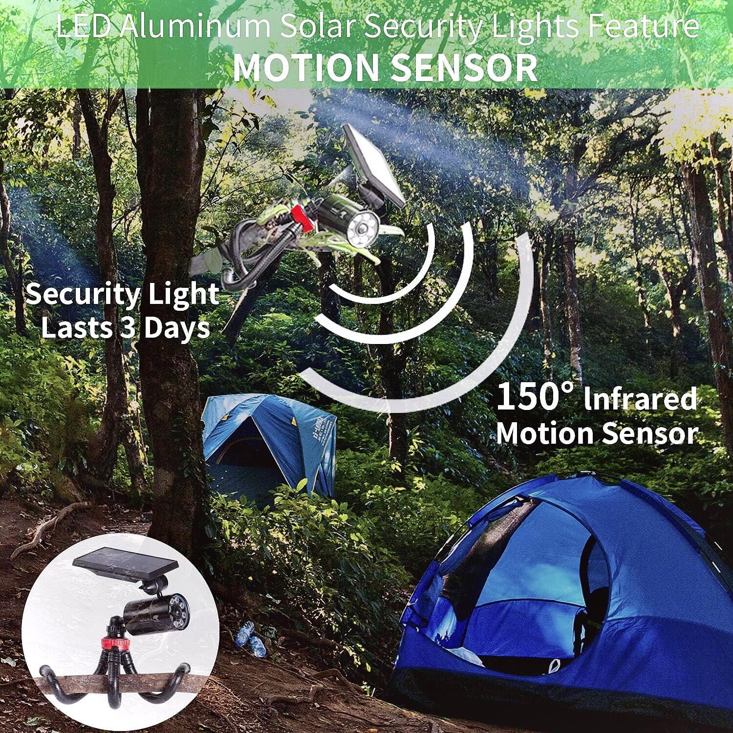 Luces solares de aluminio con sensor de movimiento para acampar al aire libre, 1400 lúmenes, 9 W (equivalente a 130 W), focos de emergencia LED para