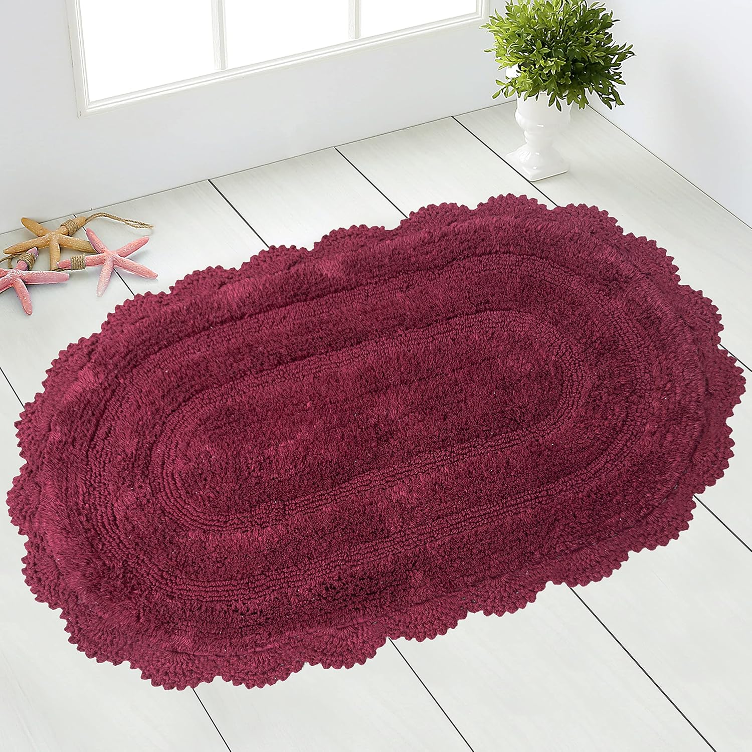 Chardin home Alfombra de baño de ganchillo burdeos, 100% algodón ovalada con borde de ganchillo artesanal hecho a mano, 21 x 34 pulgadas, alfombra