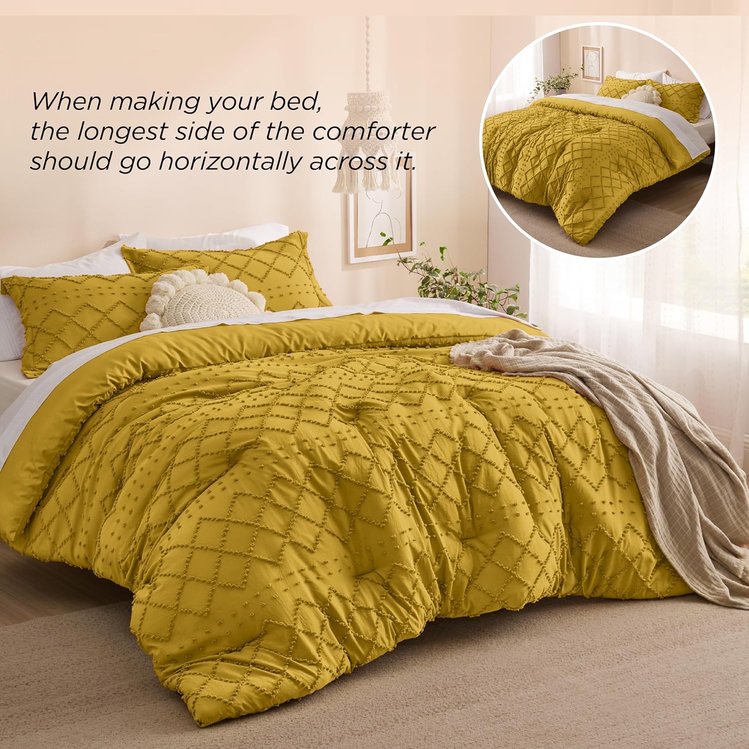 Bedsure Juego de edredón tamaño King  Edredón amarillo mostaza, juego de ropa de cama bohemio desgastado chic, juego de ropa de cama de 3 piezas