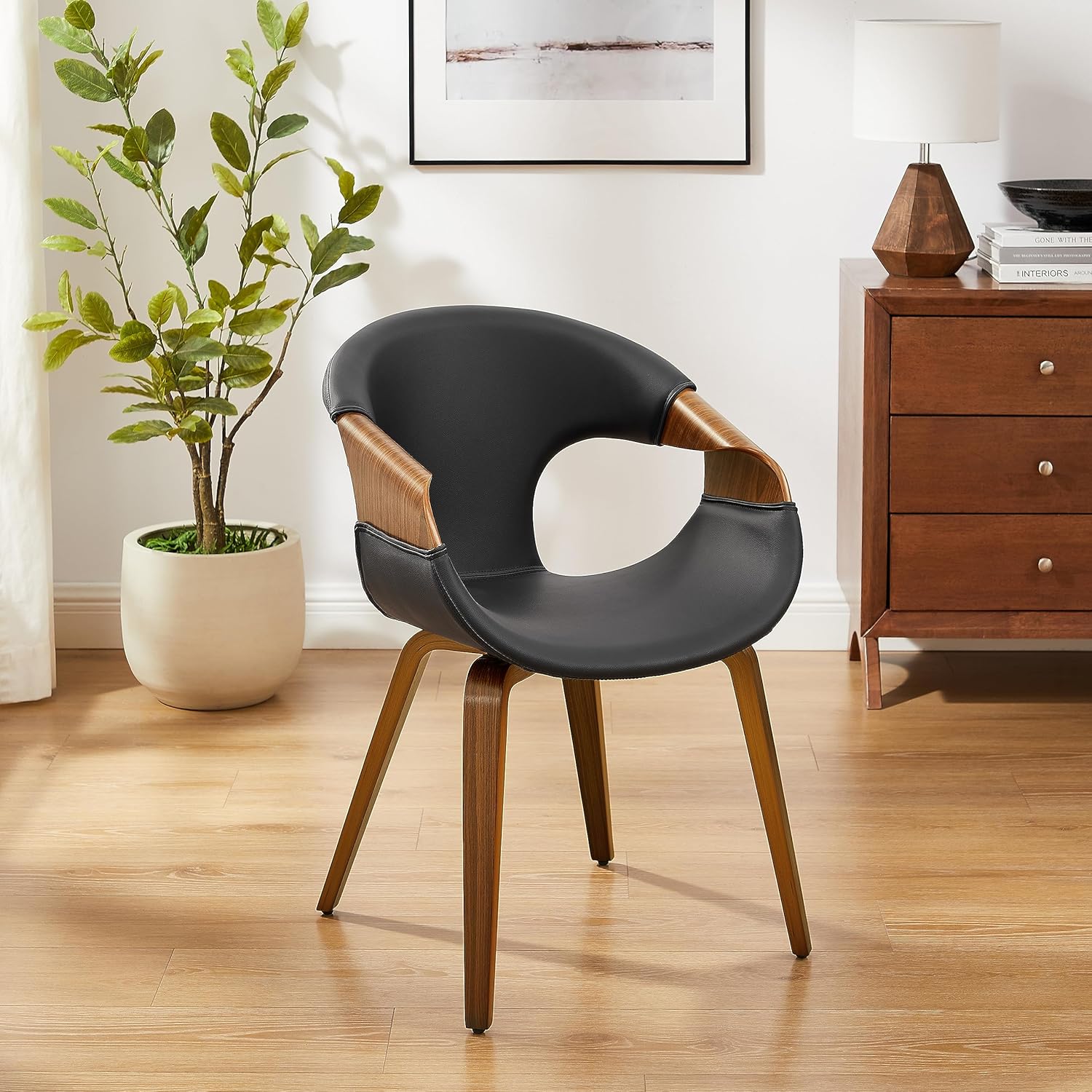 Art Leon Silla de escritorio sin ruedas, silla decorativa moderna de mediados de siglo, silla de escritorio de piel sintética para oficina en casa