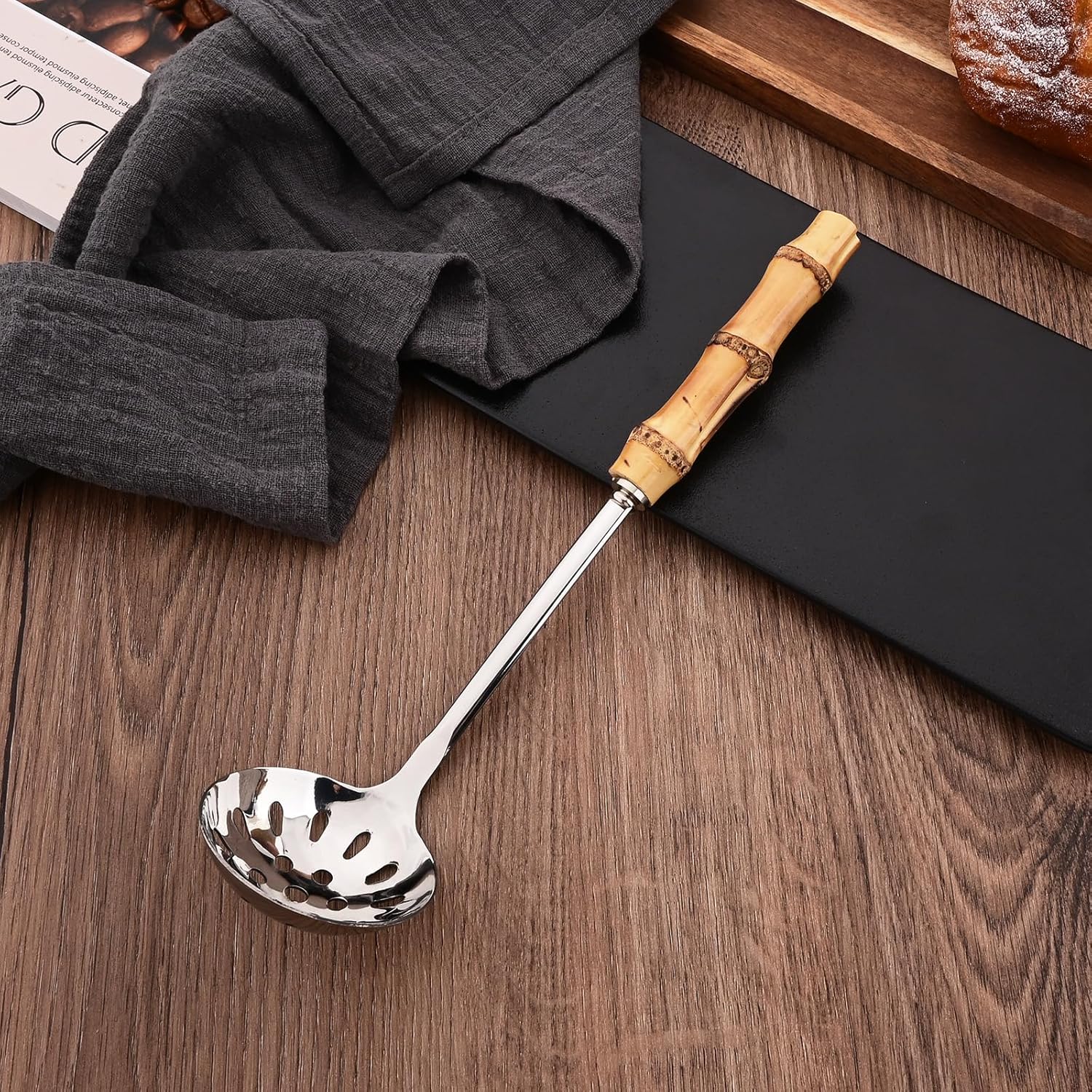 Juego de cucharón de sopa y cuchara ranurada, utensilios de servir de acero inoxidable 304 con mango de bambú natural, cucharas de sopa para servir