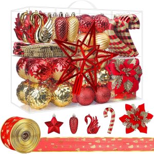 Alupssuc Juego de 128 adornos de bolas de Navidad, bolas de plástico inastillables, flores de Navidad, cinta y adorno para árbol de Navidad, Alupssuc Juego de 128 adornos de bolas de Navidad, bolas de plástico inastillables, flores de Navidad, cinta y adorno para árbol de Navidad,