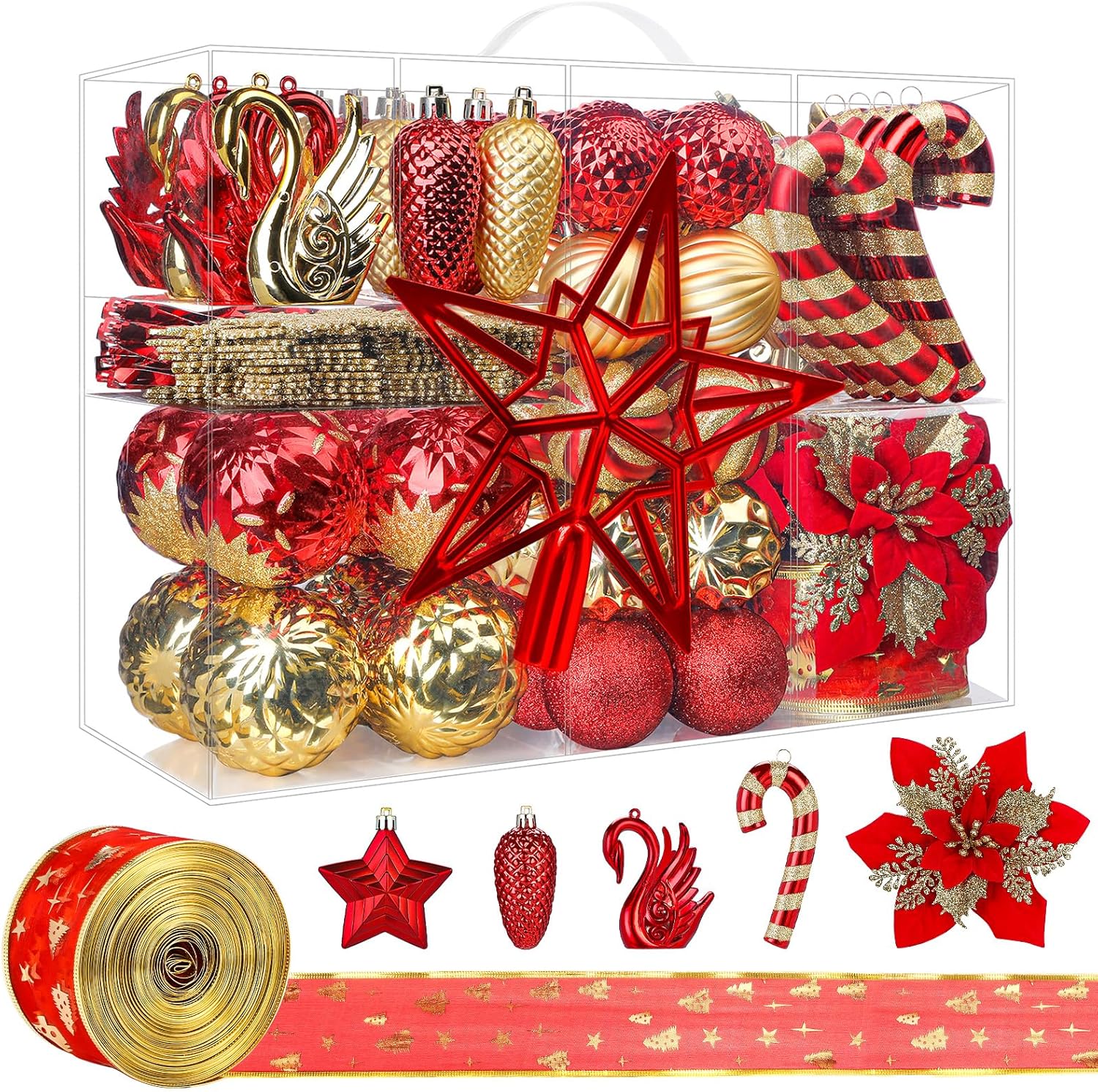Alupssuc Juego de 128 adornos de bolas de Navidad, bolas de plástico inastillables, flores de Navidad, cinta y adorno para árbol de Navidad,