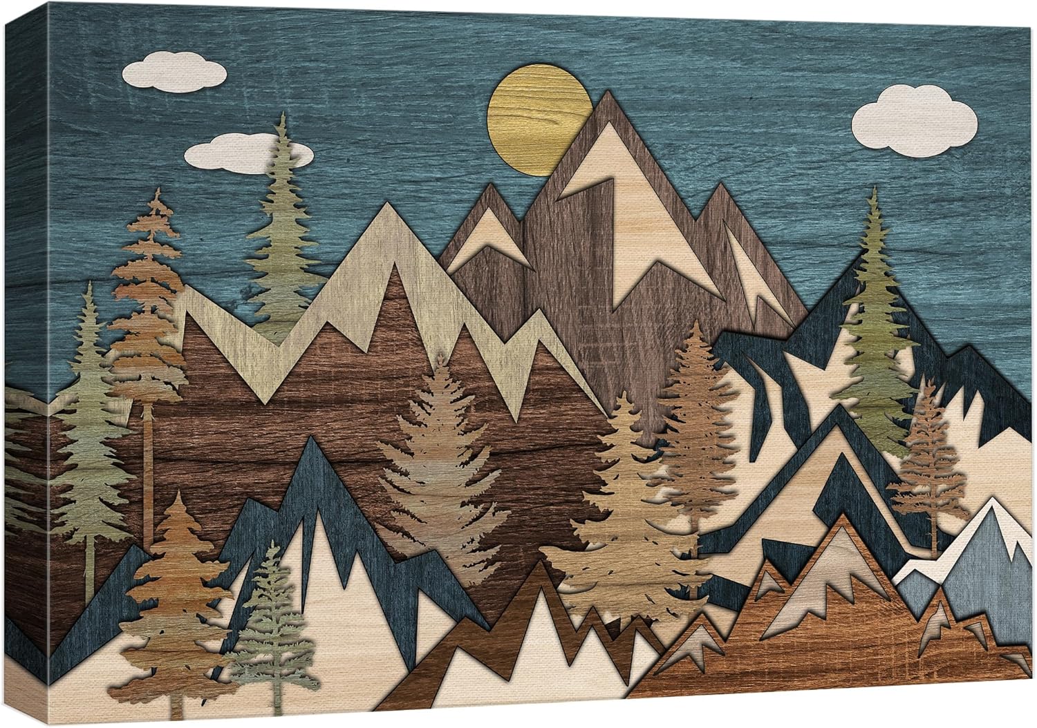 wall26 Lienzo impreso para pared, panel de madera, bosque de pinos, montaña nublada, naturaleza, desierto, arte digital, arte moderno, granjacampo,