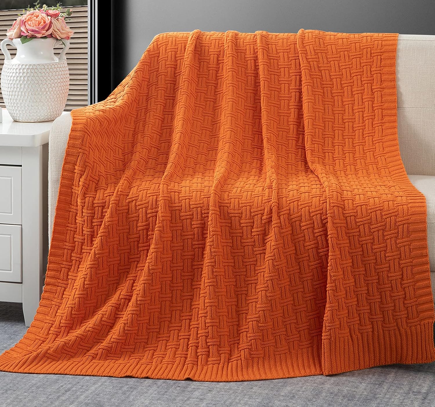Manta de punto trenzado de algodón naranja, acogedora manta de punto cálido para sofá, 60 x 80 pulgadas