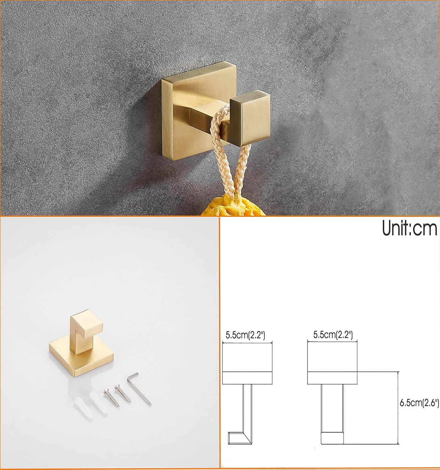 BA199SET-3BG1 – Juego de accesorios de baño dorados de 3 piezas, soporte de papel higiénico dorado montado en la pared + anillo para toalla de