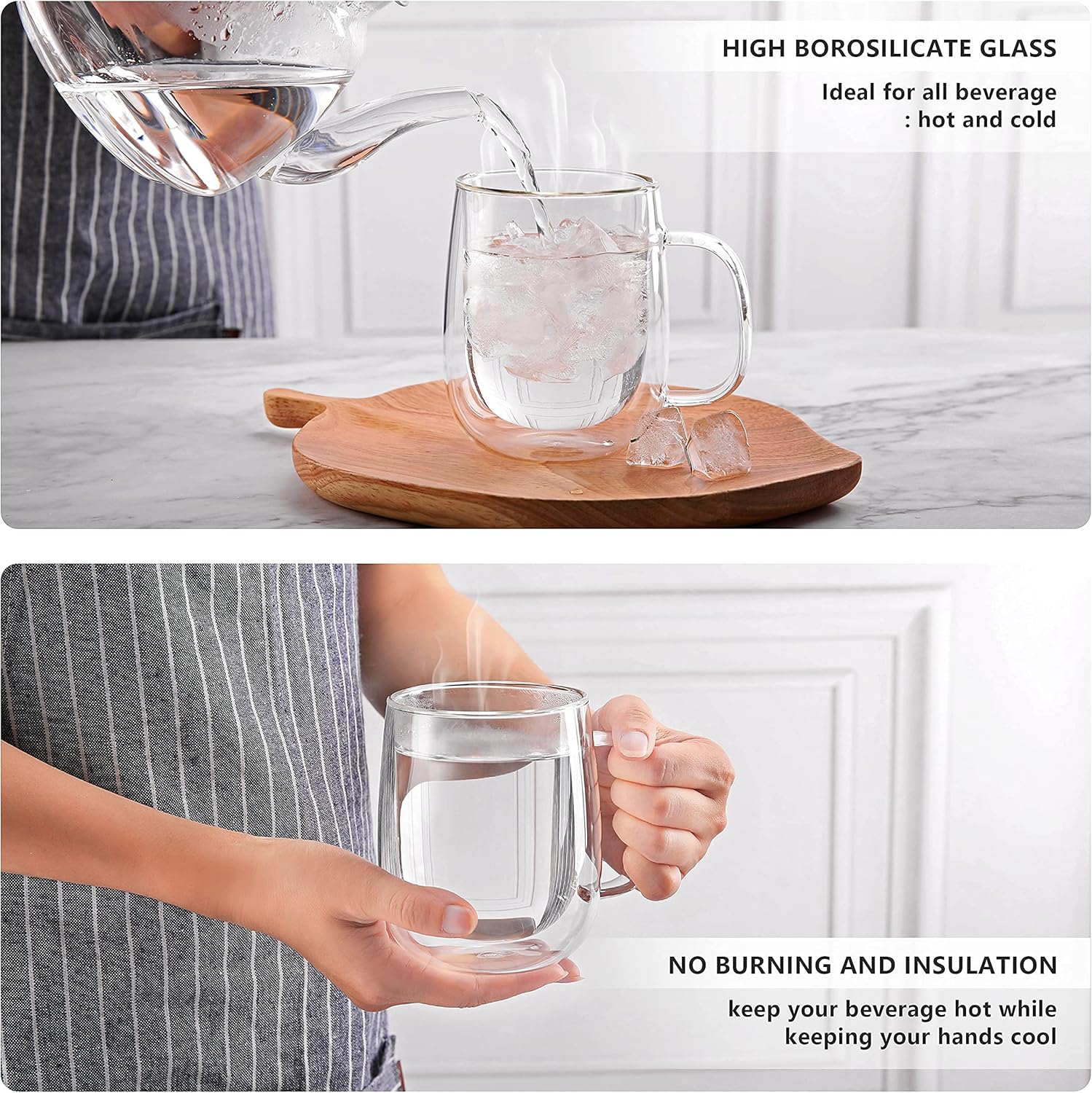 CNGLASS Tazas de café de vidrio de 12 onzas, juego de tazas aisladas de doble pared con asa, tazas de café de vidrio transparente para café con