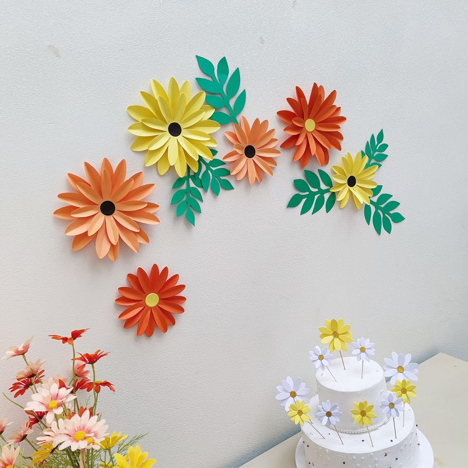 Girasoles de papel con hoja para telón de fondo de boda, despedida de soltera, centros de mesa de boda, decoración de pared de guardería (naranjas