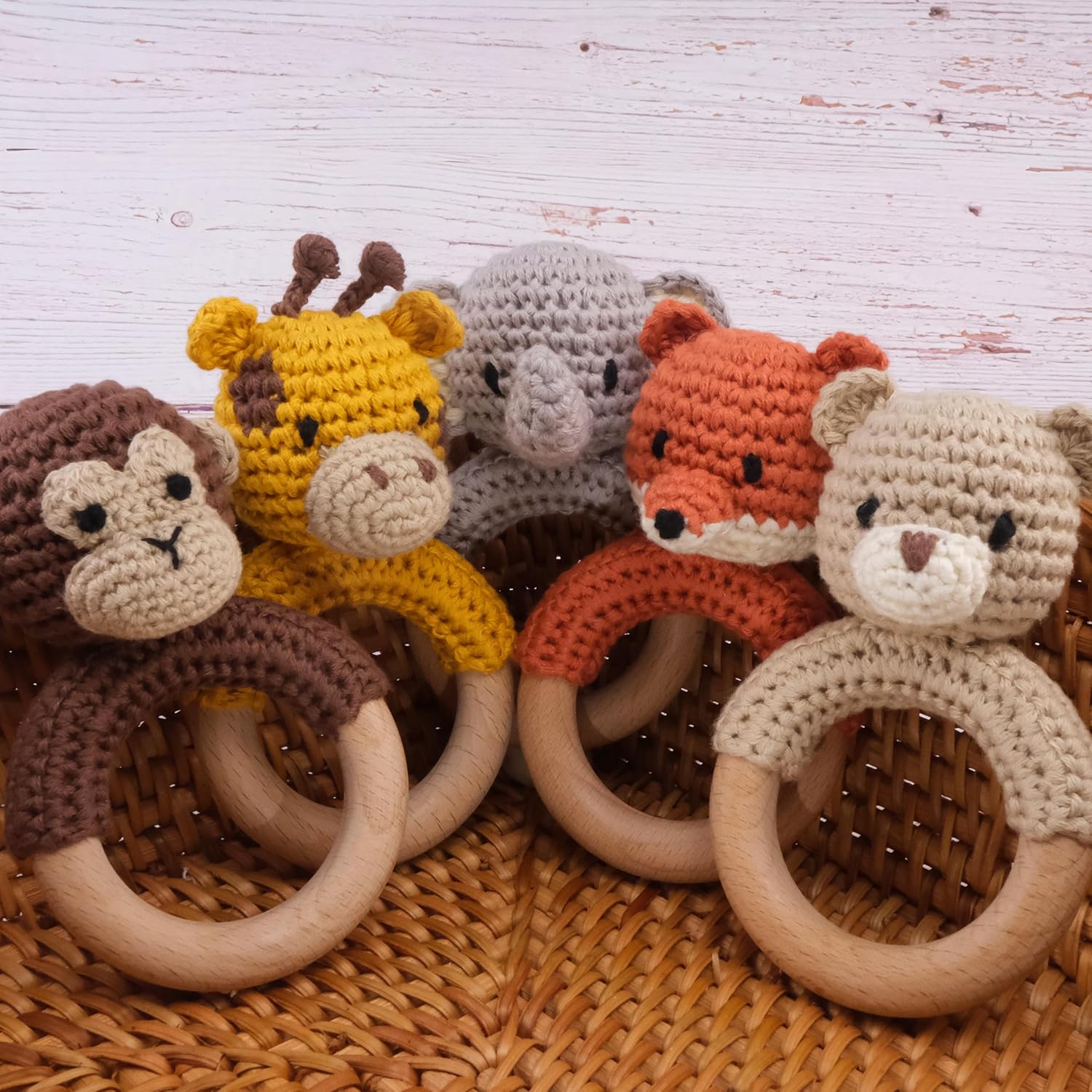 Juguetes de sonajero de madera de animales de safari para bebé, sonajero de ganchillo relleno con anillo de mordedor para recién nacido, elefante