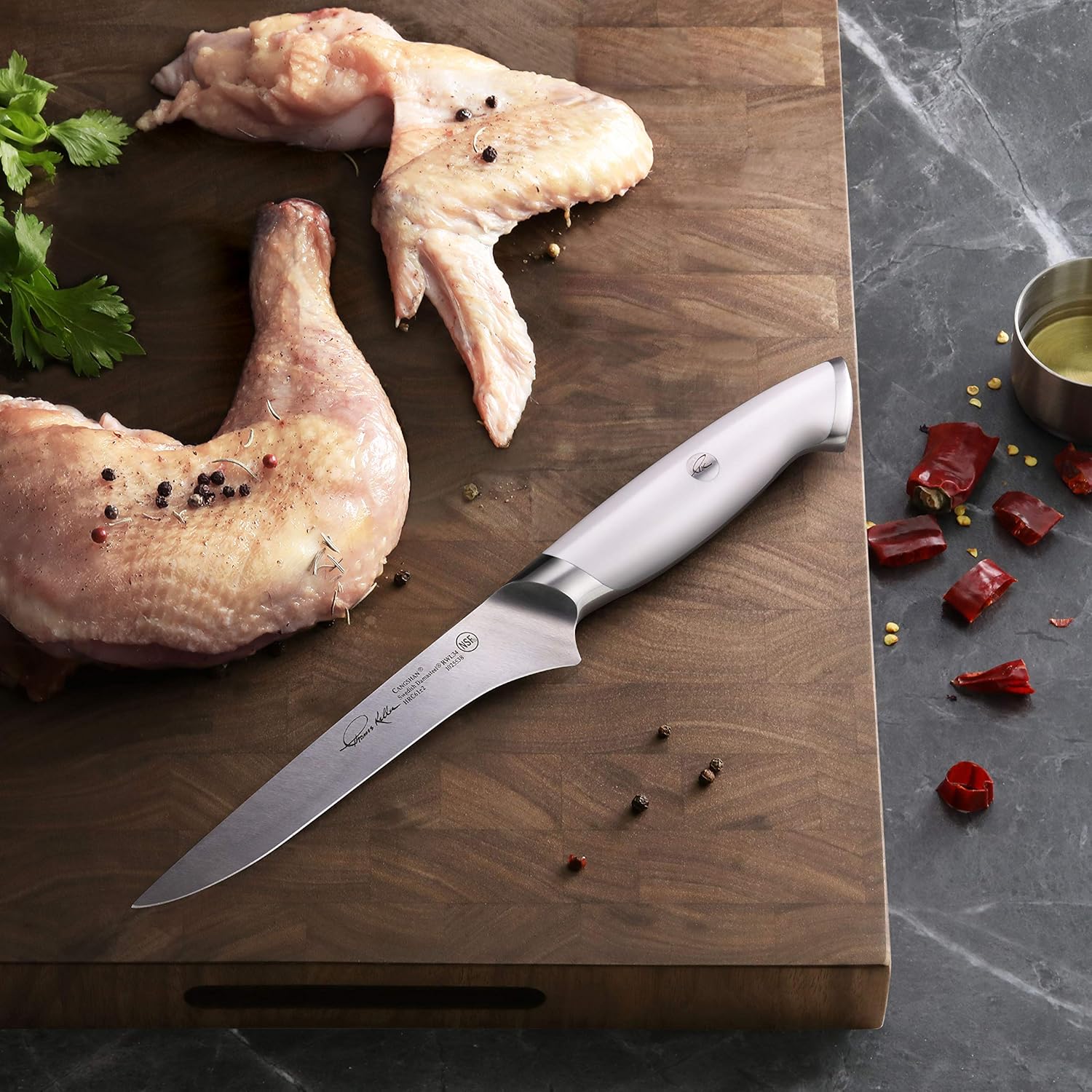 Cangshan Thomas Keller Signature Collection – Cuchillo de deshuesar de acero forjado en polvo sueco, 6 pulgadas, color blanco