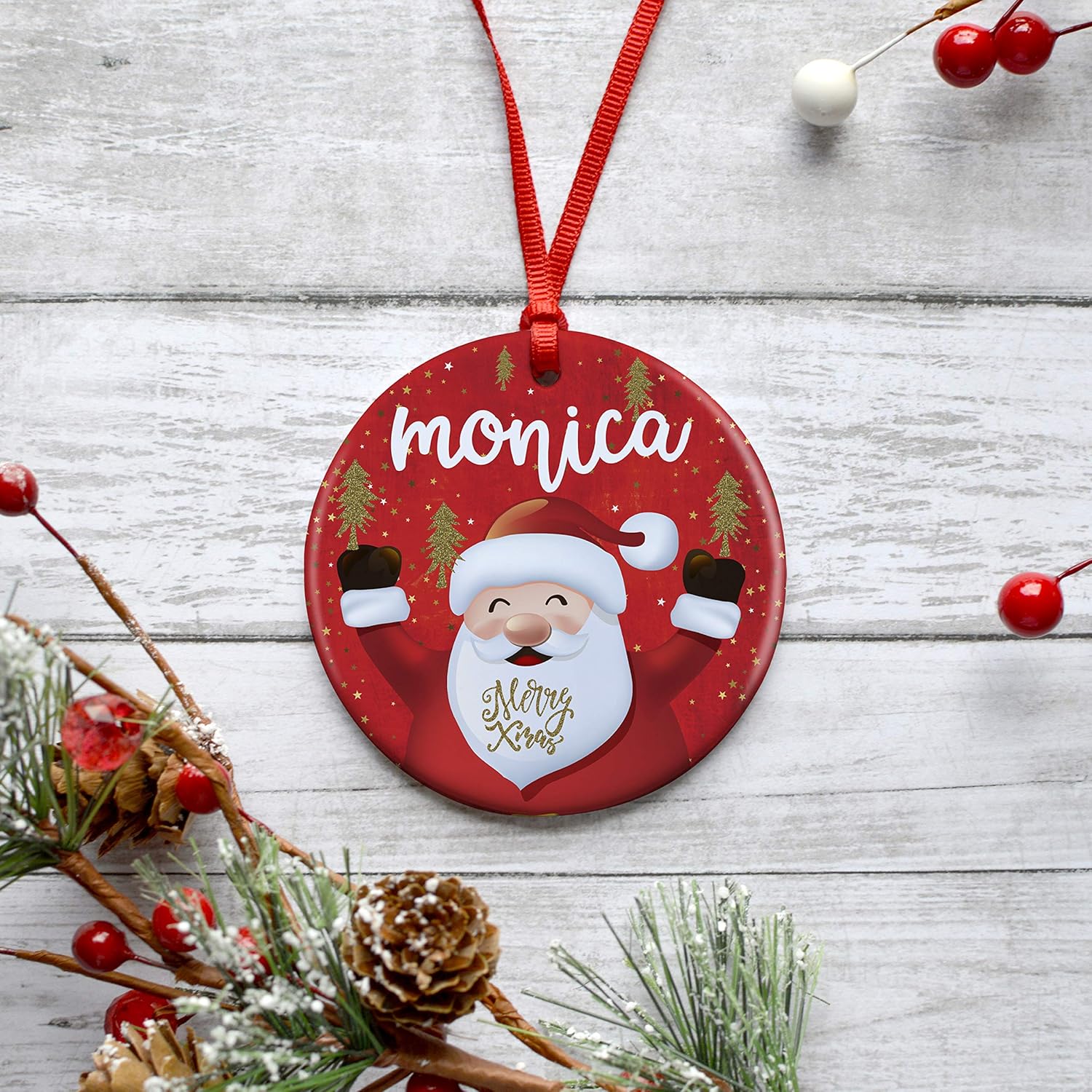Juego de 3, adorno de Navidad personalizado con nombre, 9 diseños, 12 fuentes, cerámica personalizada de 3 pulgadas, adorno de Navidad redondo 2023