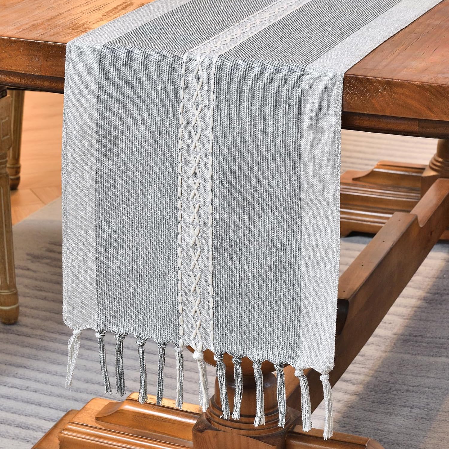 Wracra Camino de mesa bordado de lino de 108 pulgadas de largo con borlas a mano para decoración de fiestas de vacaciones, bodas y comedor (gris, 13