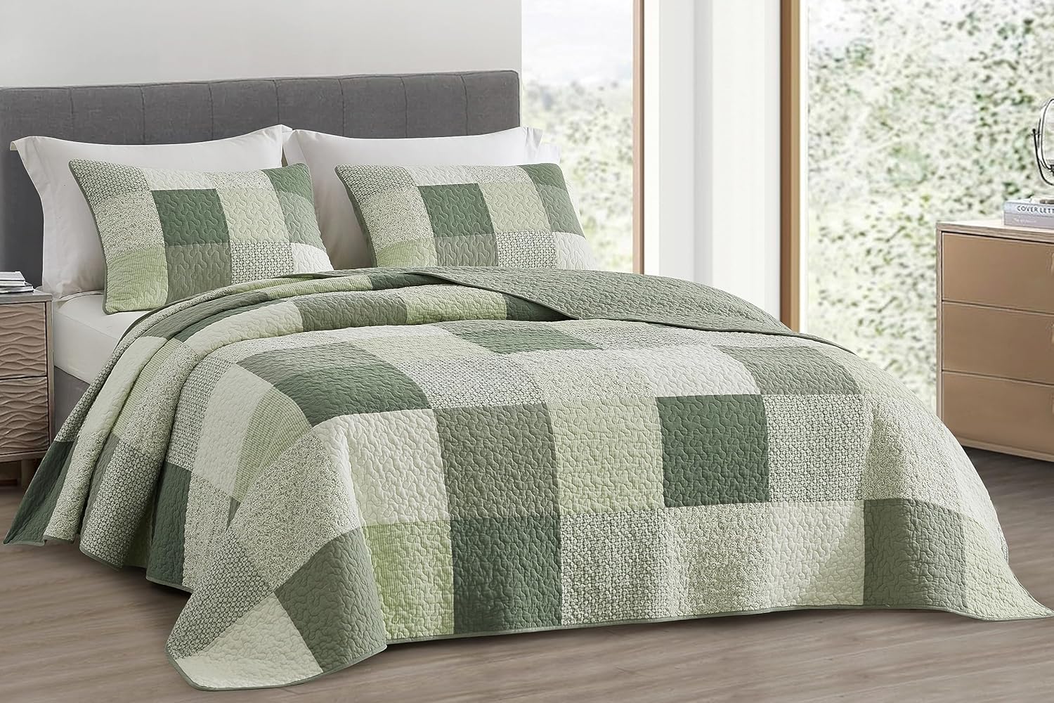 Chezmoi Collection Orna – Juego de edredón elegante de 2 piezas, colcha de parches florales verdes, colcha reversible ligera de algodón prelavado,