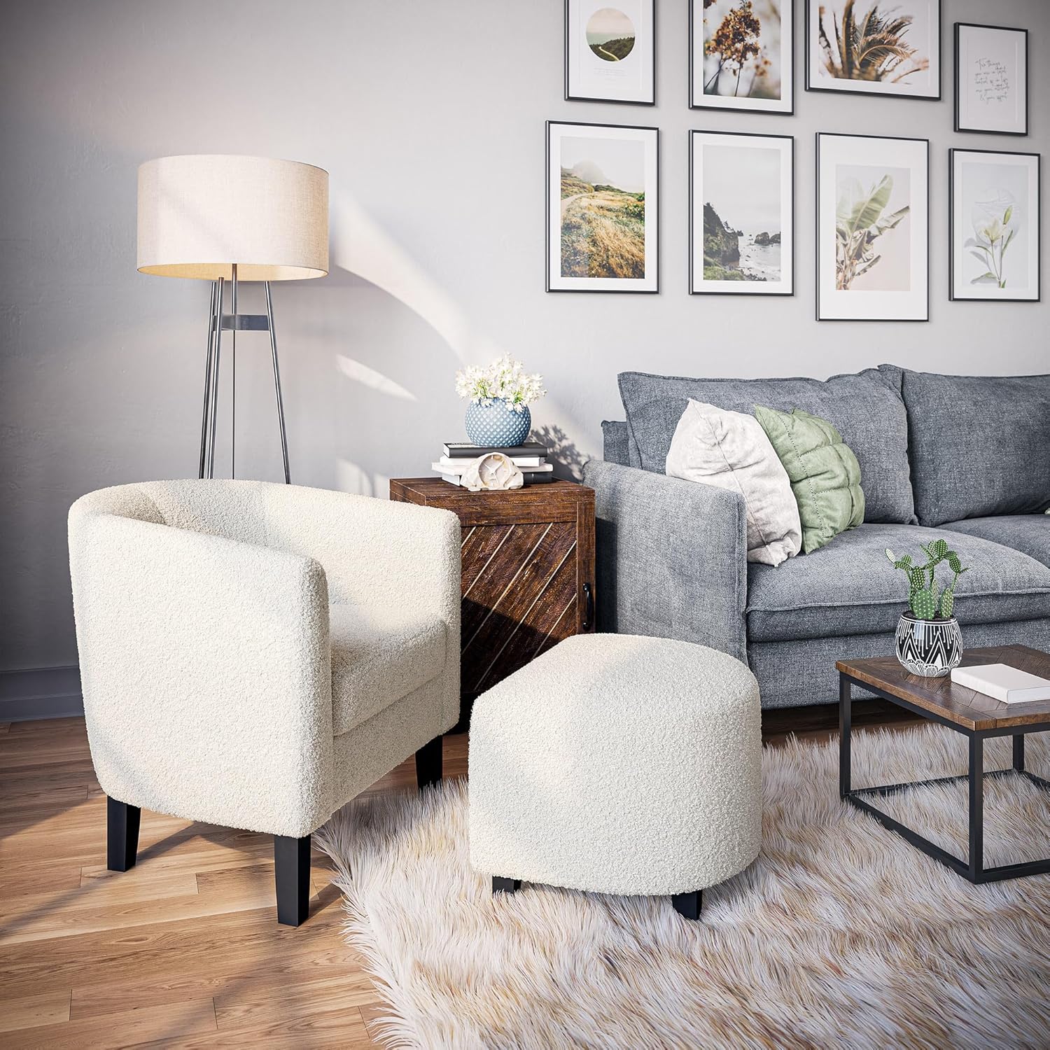 BELLEZE Lydia – Silla decorativa con otomana, silla de sala de estar con respaldo curvo, elegante juego de silla de club y reposapiés, silla de
