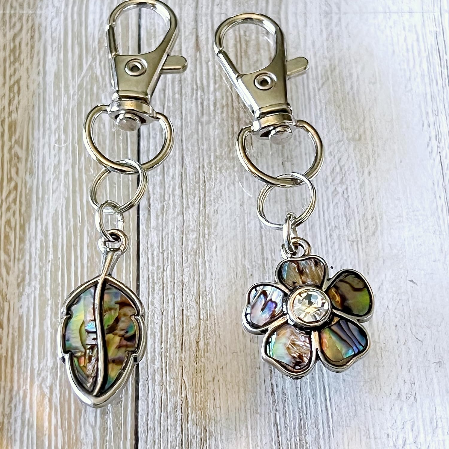 Silver Flower & Leaf Purse Charms, Abalone Shell Handbag Jewelry, Floral Fall Zipper Pulls, Cool Keychain, Backpack Charms, Nature Gift Sets