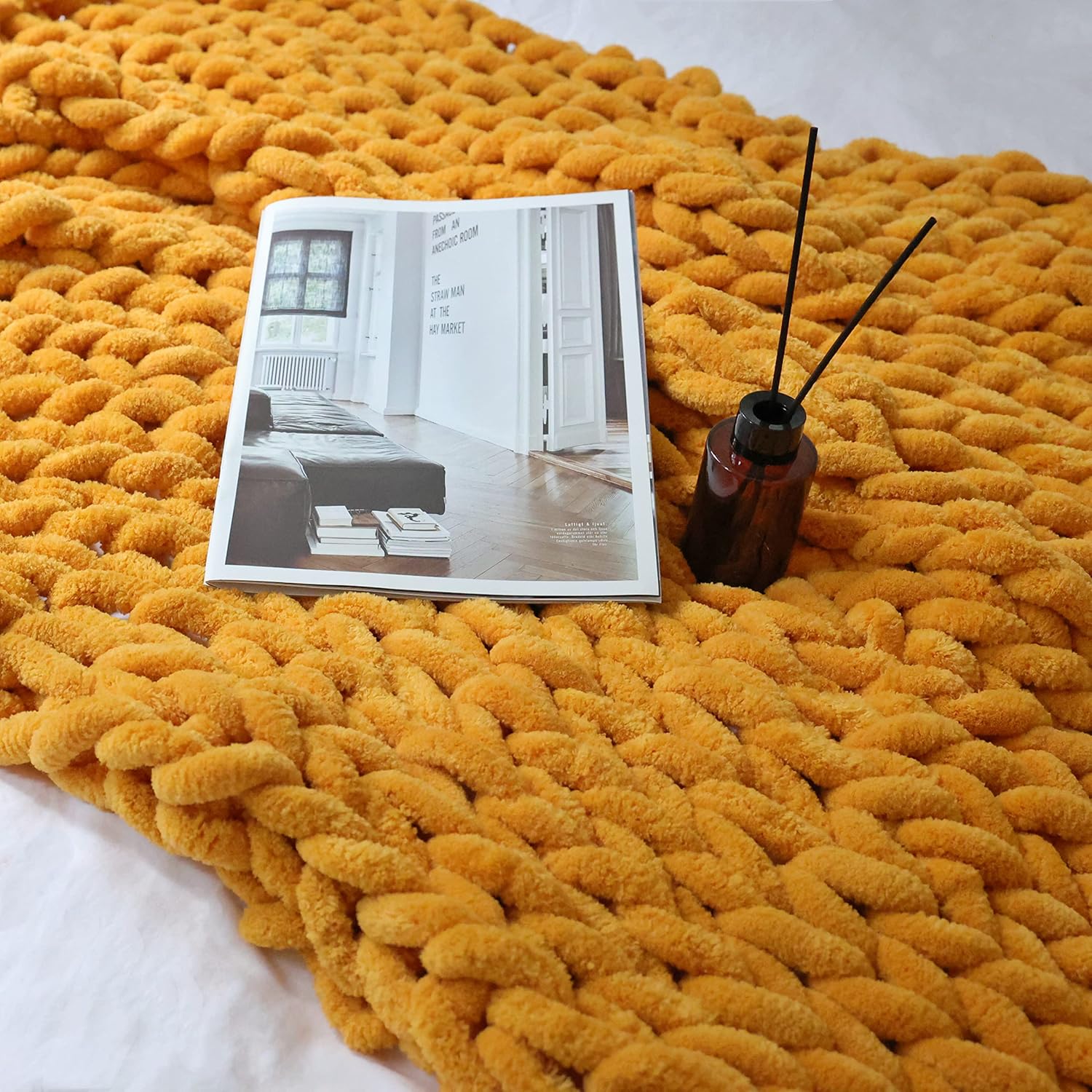 Manta de punto grueso de felpilla (50 x 60 pulgadas), hecha a mano, cálida y acogedora para sofá, cama, decoración del hogar, banco de vellón suave