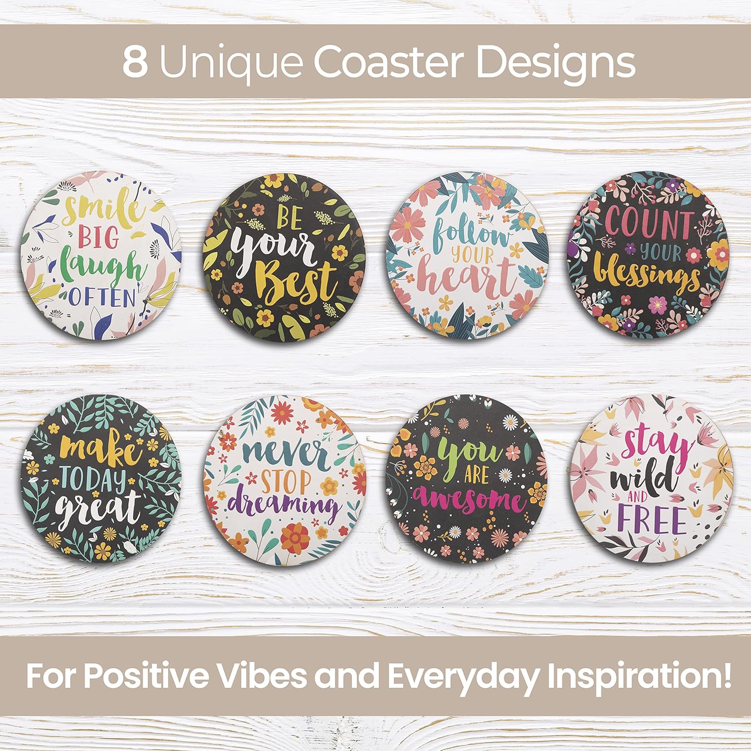 Good vibes – Juego de 8 posavasos para bebidas, base de corcho absorbente para protección de mesa, hecho de madera de ingeniería, ideal para