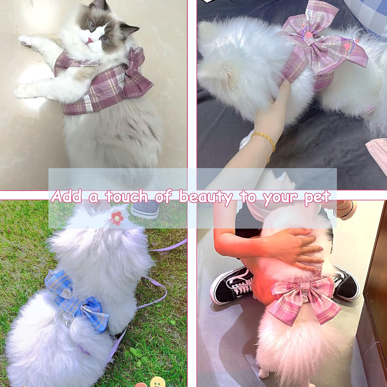 Juego de vestido a cuadros para perro, arnés y correa, ropa para perro con anillo para correa para perros pequeños y niñas, ropa de conejo princesa