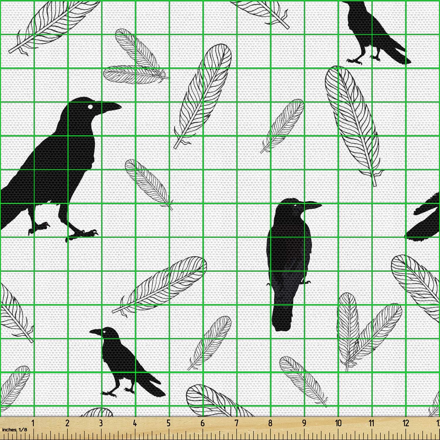 Ambesonne The Yard, tela de cuervo negro de The Yard, diseño de pájaros estilo silueta y contorno de plumas dibujadas, tela decorativa para