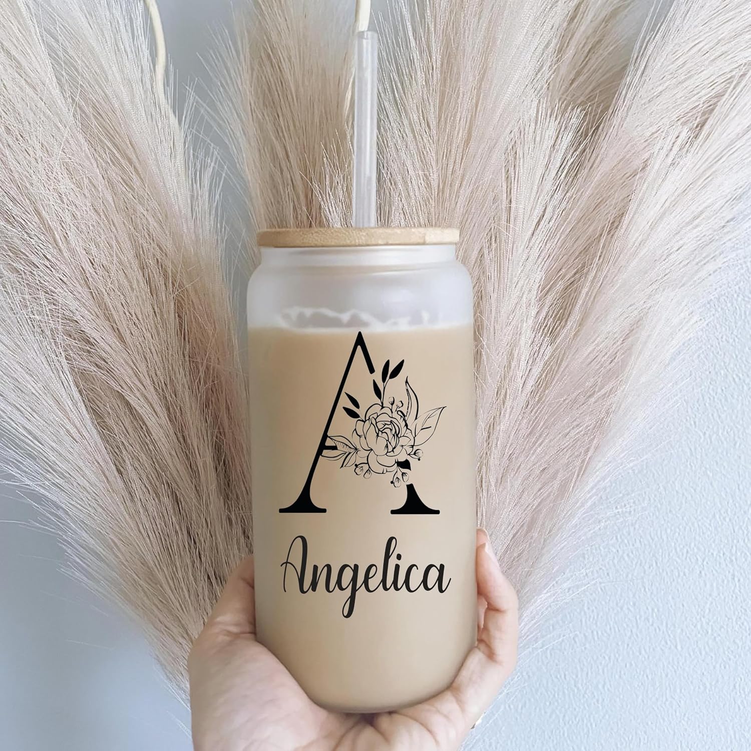 Vaso de vidrio, regalos con monograma para mujeres, tazas de vidrio de 16 onzas con tapas y pajitas, taza de café helado, vaso de vidrio con forma